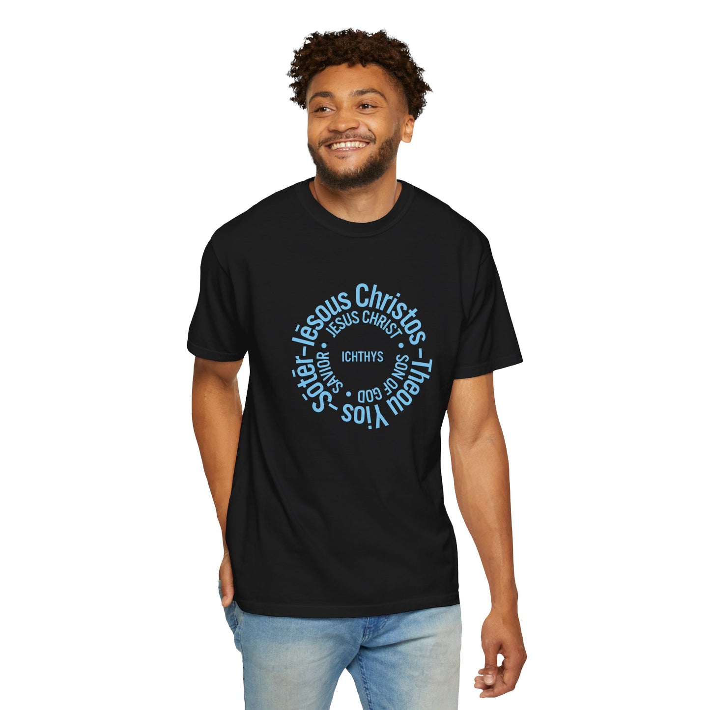 ICHTHYS 911 Blue Font "Iēsous Christos, Theou Yios, Sōtēr" - Reverse - Collection - Unisex - Christian Graphic Tee - Gym - T - Christian Faith - Jesus Wear - Women T-Shirt - Men T-Shirt