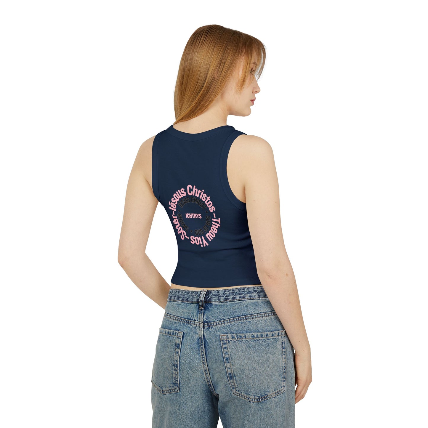 ICHTHYS 911 - Pink & Black Font "Iēsous Christos, Theou Yios, Sōtēr" - Faith-Inspired Women's Micro Rib Racer Tank Top - Cute Jesus Christ Design - Women Tank - Christian - Work Out