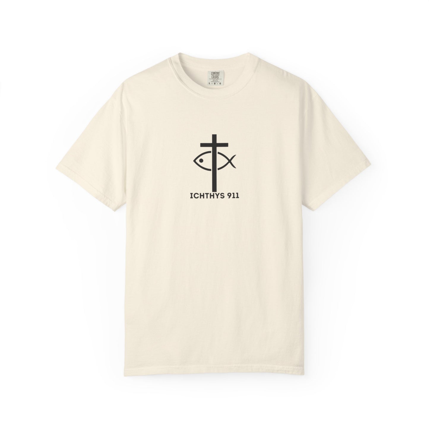 ICHTHYS 911 - 13th Disciple Collection - Christian Streetwear T-Shirt / Sweatshirt – Jesus Gym & Faith Fashion, Unisex Garment-Dyed T-Shirt White Font
