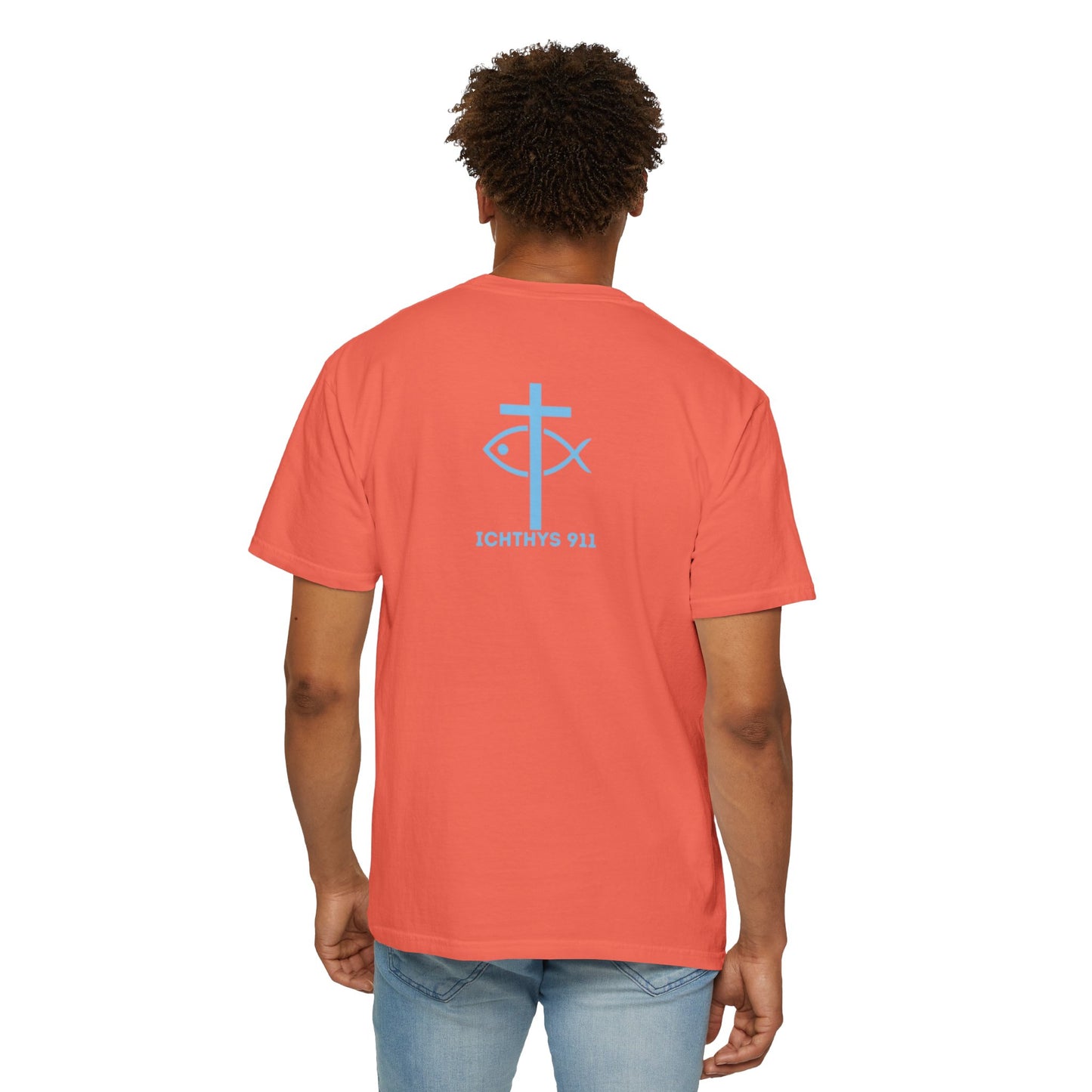 ICHTHYS 911 Blue Font "Iēsous Christos, Theou Yios, Sōtēr" - Reverse - Collection - Unisex - Christian Graphic Tee - Gym - T - Christian Faith - Jesus Wear - Women T-Shirt - Men T-Shirt