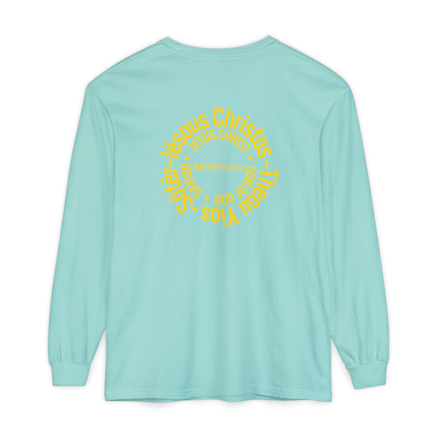 Authentic ICHTHYS 911 Collection -  Gold Font - Unisex Garment Dyed Long Sleeve T-Shirt - Men Long Sleeve - Women Long Sleeve - Christian Faith Symbol Tee - Faith Inspired