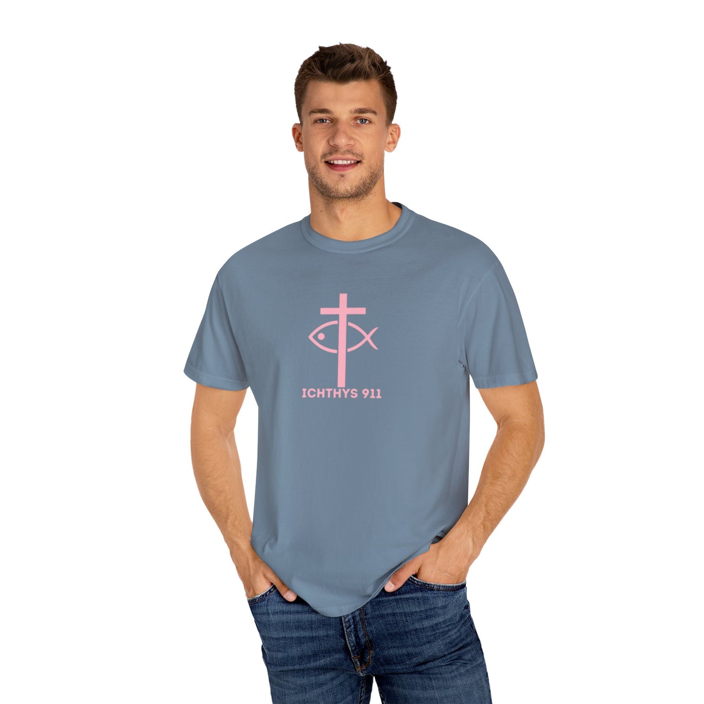 ICHTHYS 911 Pink Font "Faith, Hope, & Love" - Unisex Garment Dyed T-Shirt - 100% US Cotton - Men T-Shirt - Christian Women Tee - Faith-Inspired Shirt - Christian Fashion - Wear Your Faith - Additional Colors Added