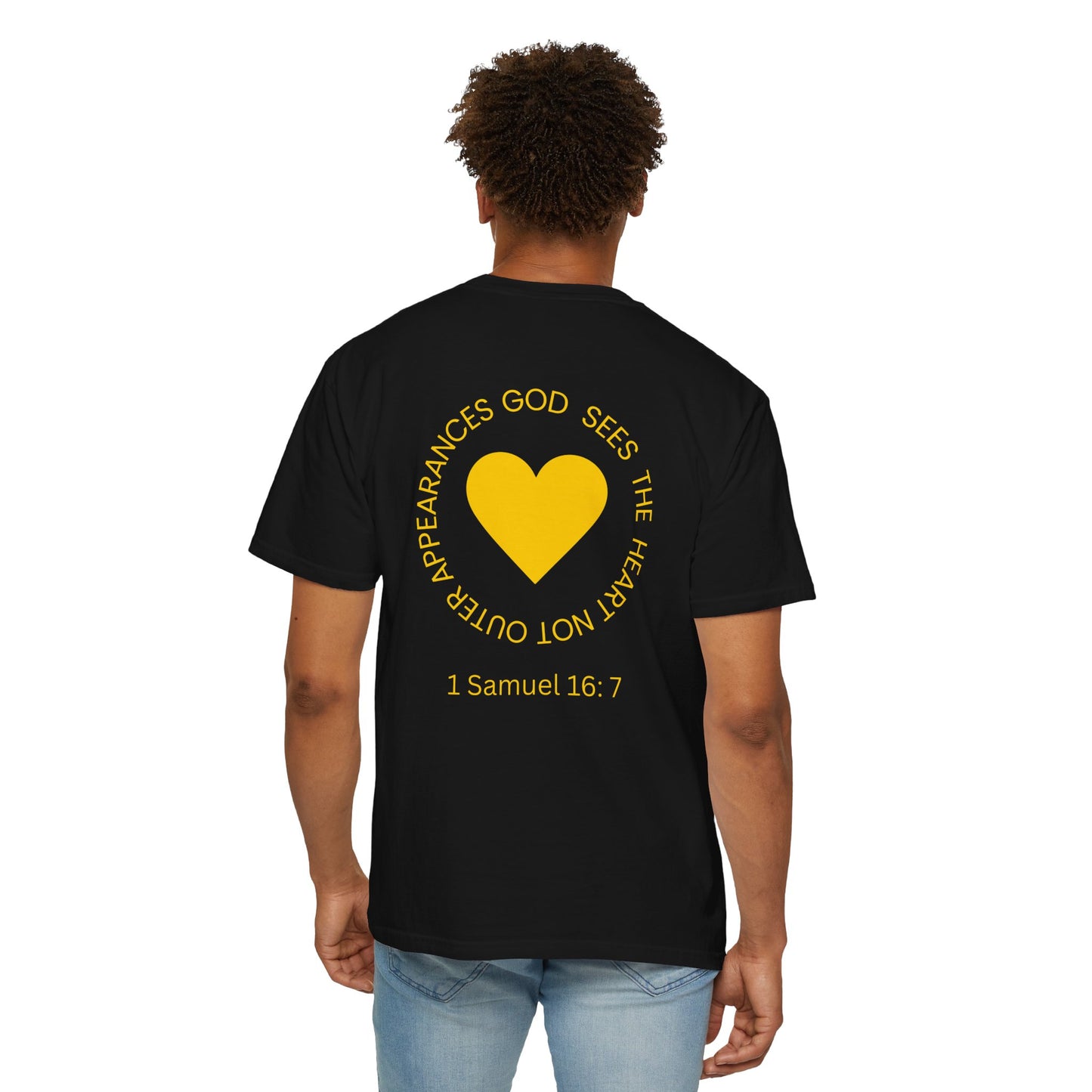 ICHTHYS 911 - "God Sees the Heart" Reverse' Gold Font - Unisex Garment - Dyed T-Shirt - 100% US Cotton - Men T-Shirt - Women T-Shirt - Inspirational Graphic T-Shirt for Everyday Motivation