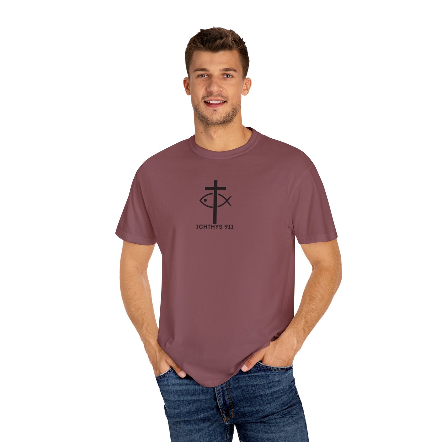 ICHTHYS 911 Black Font - "Run With Endurance Hebrews 12:1" - Unisex Garment Dyed T-Shirt -100% US Cotton - Men T-Shirt - Women T-Shirt - Bible Verse - Christian Faith - Christian Workout