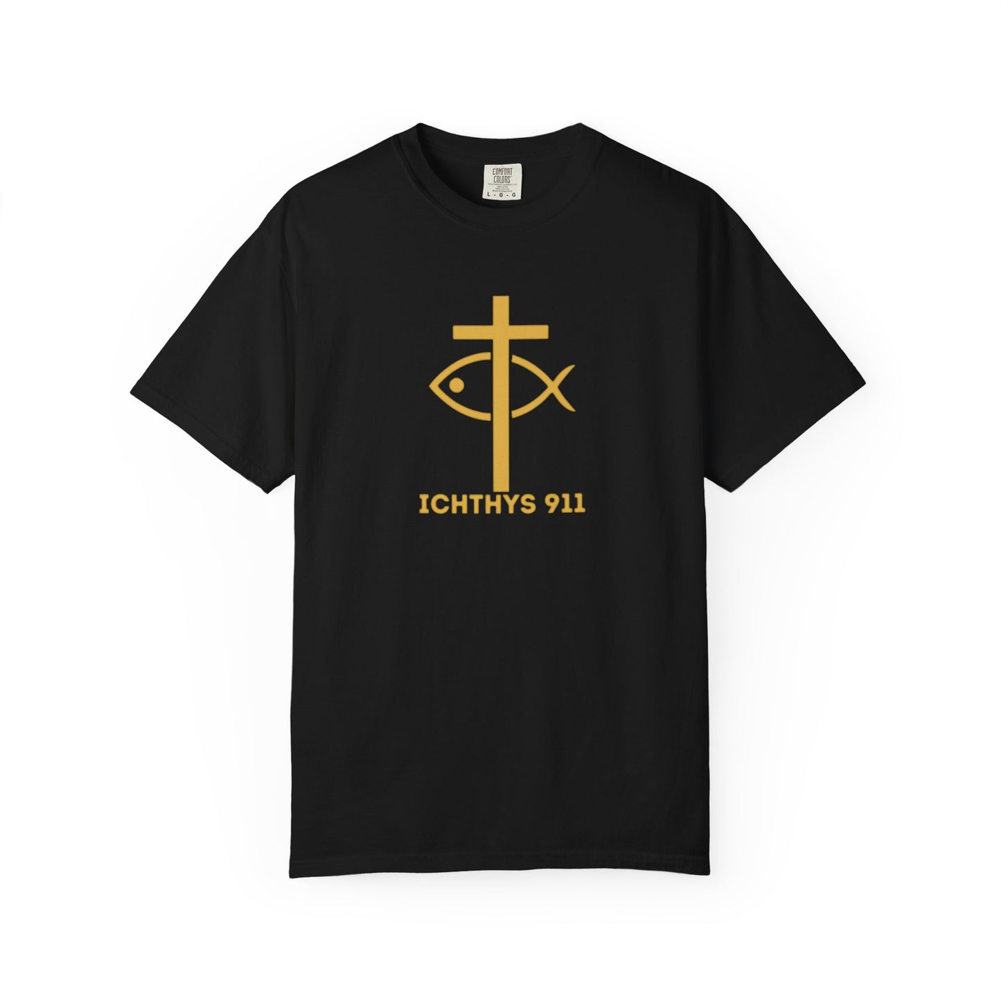 Iēsous Christos, Theou Yios, Sōtēr = Jesus Christ, Son of God, Savior - Gold Font - Unisex Garment Dyed T- Shirt - Men T-Shirt - Women T-Shirt - Christian Streetwear T-Shirt – Jesus Gym & Faith Fashion,ICHTHYS 911 -