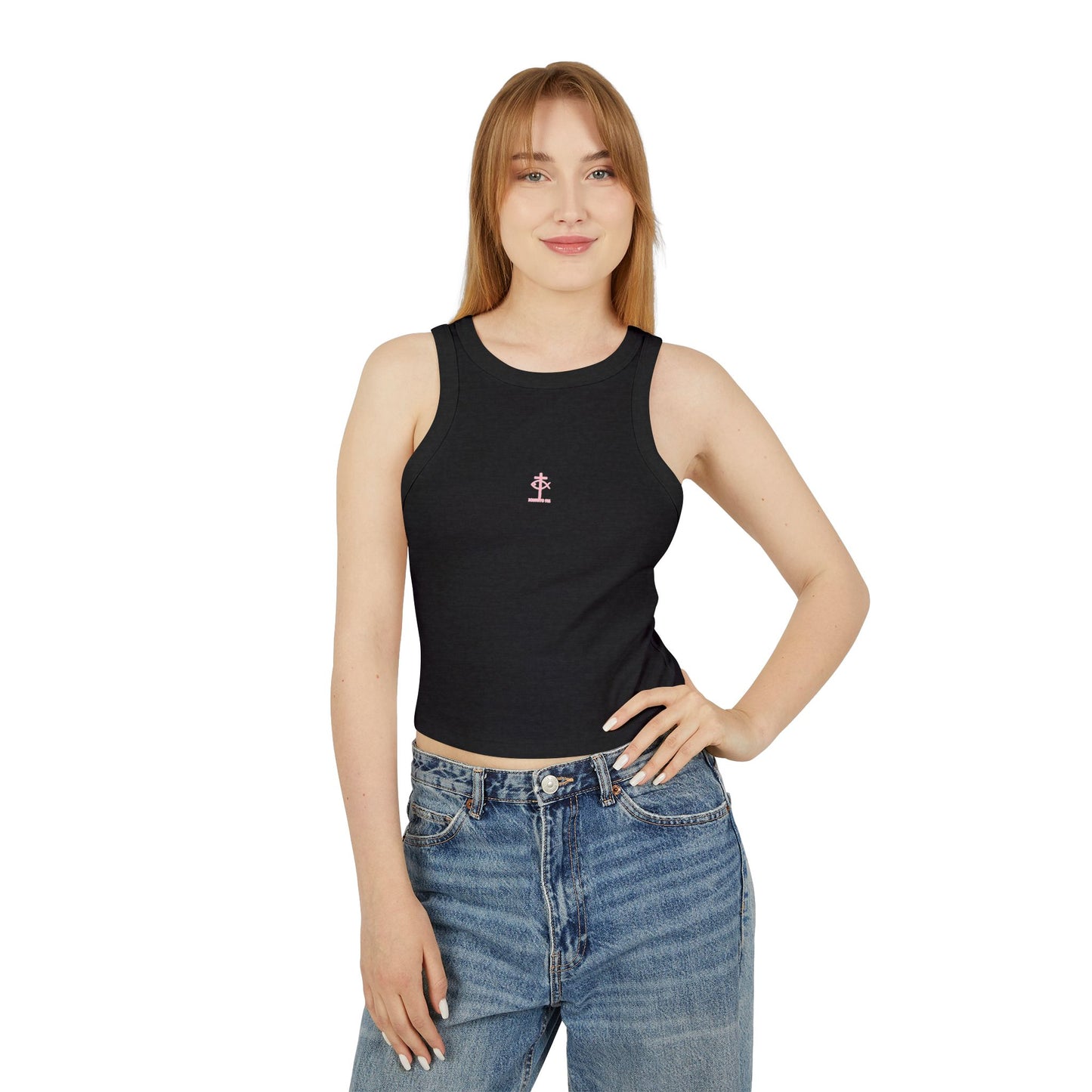 ICHTHYS 911 - Pink & Black Font "Iēsous Christos, Theou Yios, Sōtēr" - Faith-Inspired Women's Micro Rib Racer Tank Top - Cute Jesus Christ Design - Women Tank - Christian - Work Out