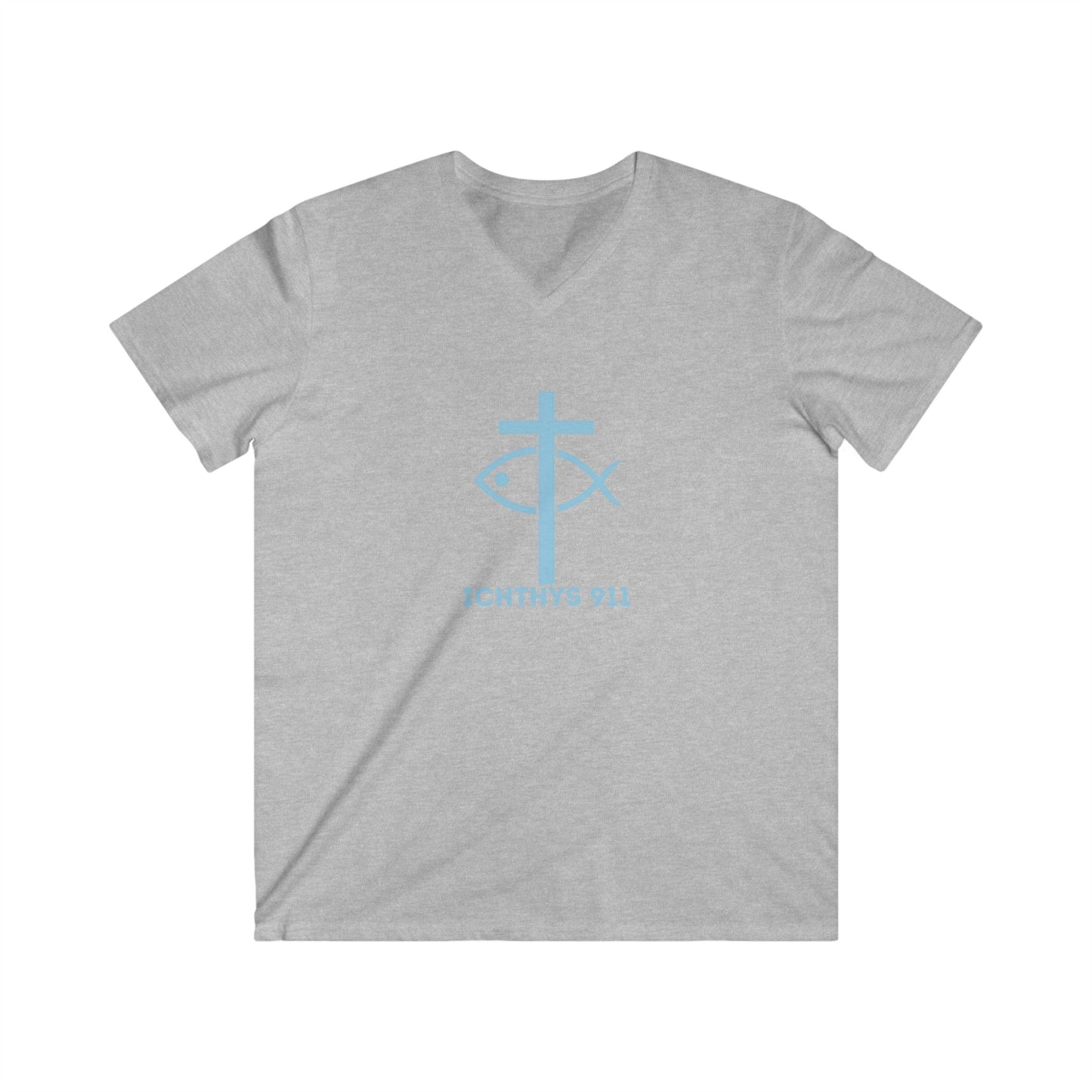 “Iēsous Christos, Theou Yios, Sōtēr" - Collection - Blue Font - Men's Fitted V-Neck Short Sleeve T - Shirt - Faith-Inspired - Christian Faith - ICHTHYS 911