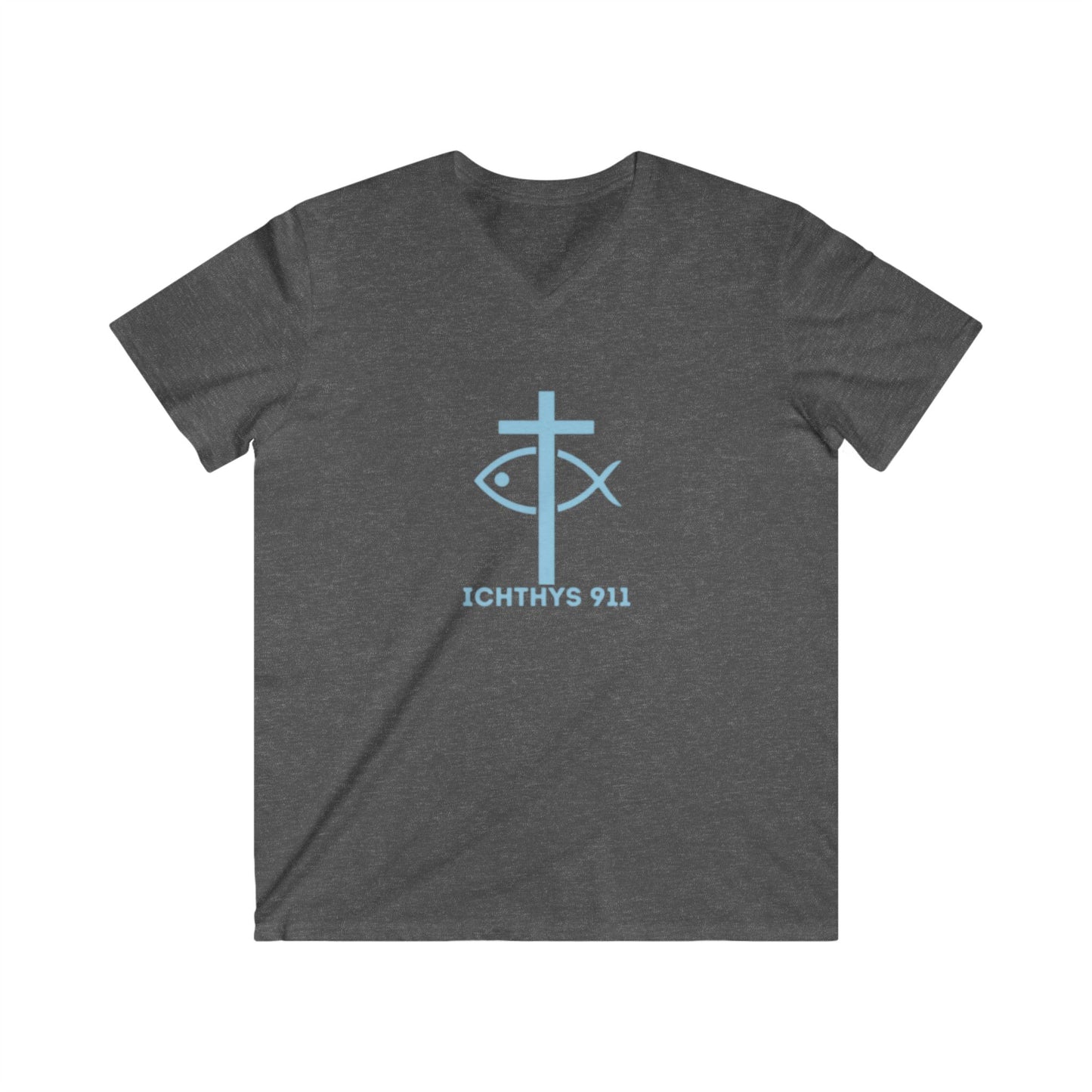 “Iēsous Christos, Theou Yios, Sōtēr" - Collection - Blue Font - Men's Fitted V-Neck Short Sleeve T - Shirt - Faith-Inspired - Christian Faith - ICHTHYS 911