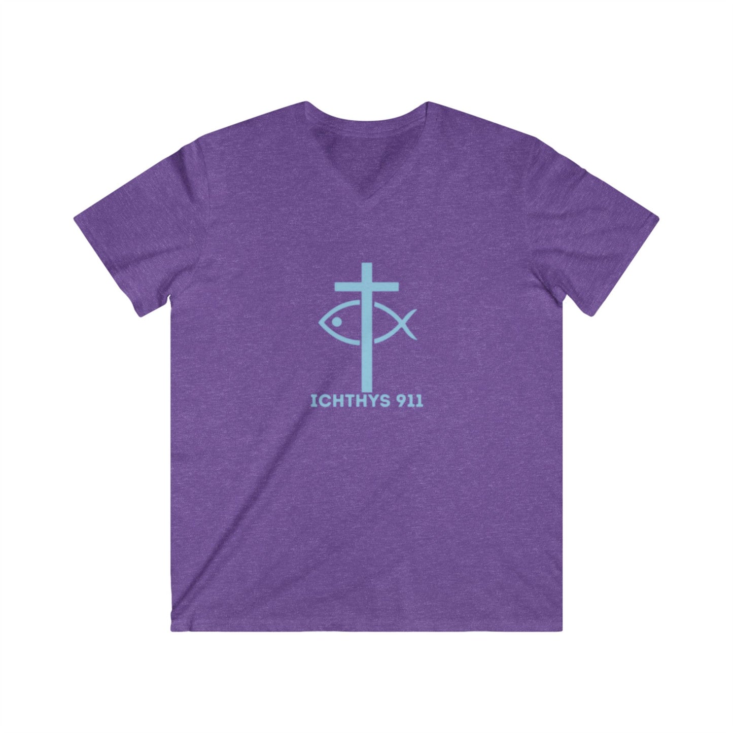 “Iēsous Christos, Theou Yios, Sōtēr" - Collection - Blue Font - Men's Fitted V-Neck Short Sleeve T - Shirt - Faith-Inspired - Christian Faith - ICHTHYS 911