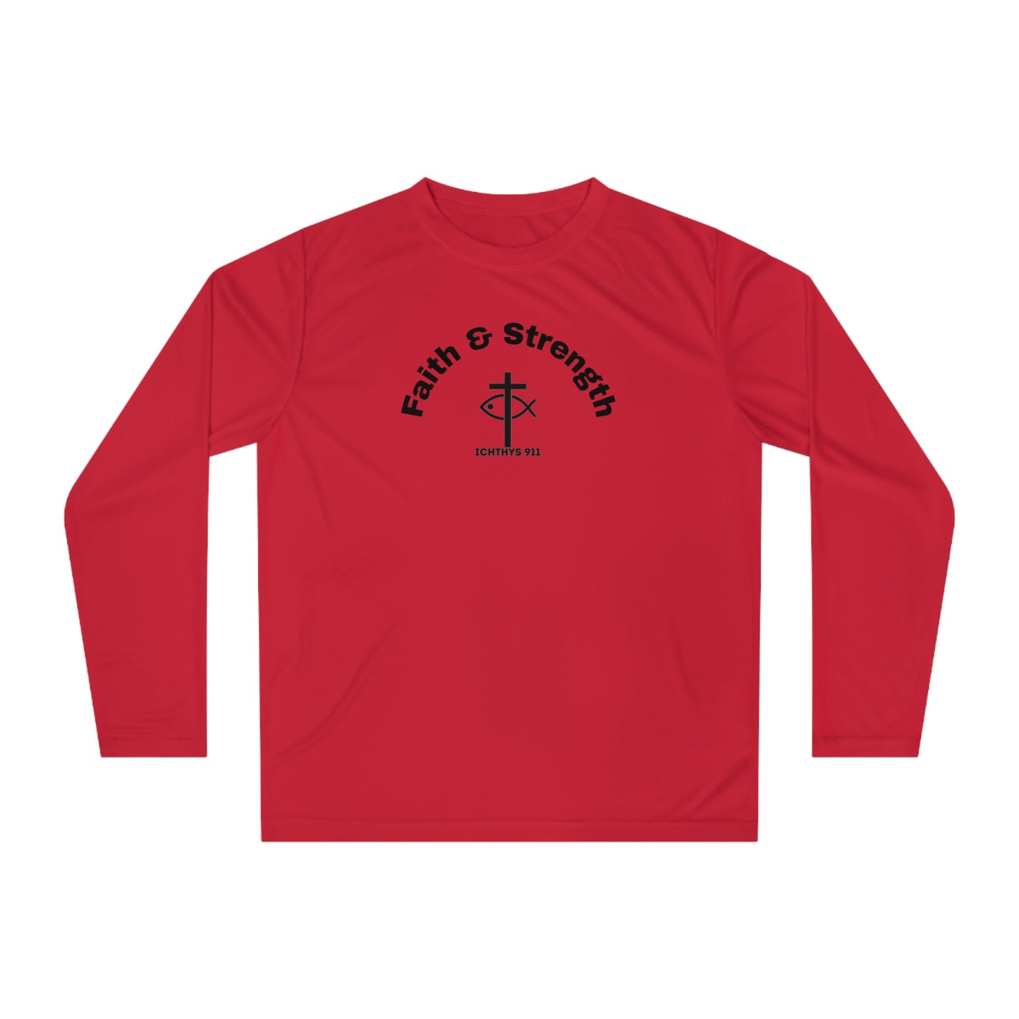 ICHTHYS 911 "Faith & Strength" - Reverse - Unisex Performance Long Sleeve Shirt - ICHTHYS 911 Christian Activewear - 100% Moisture-Wicking Poly - UPF 30+ - Men Shirt - Women Shirt