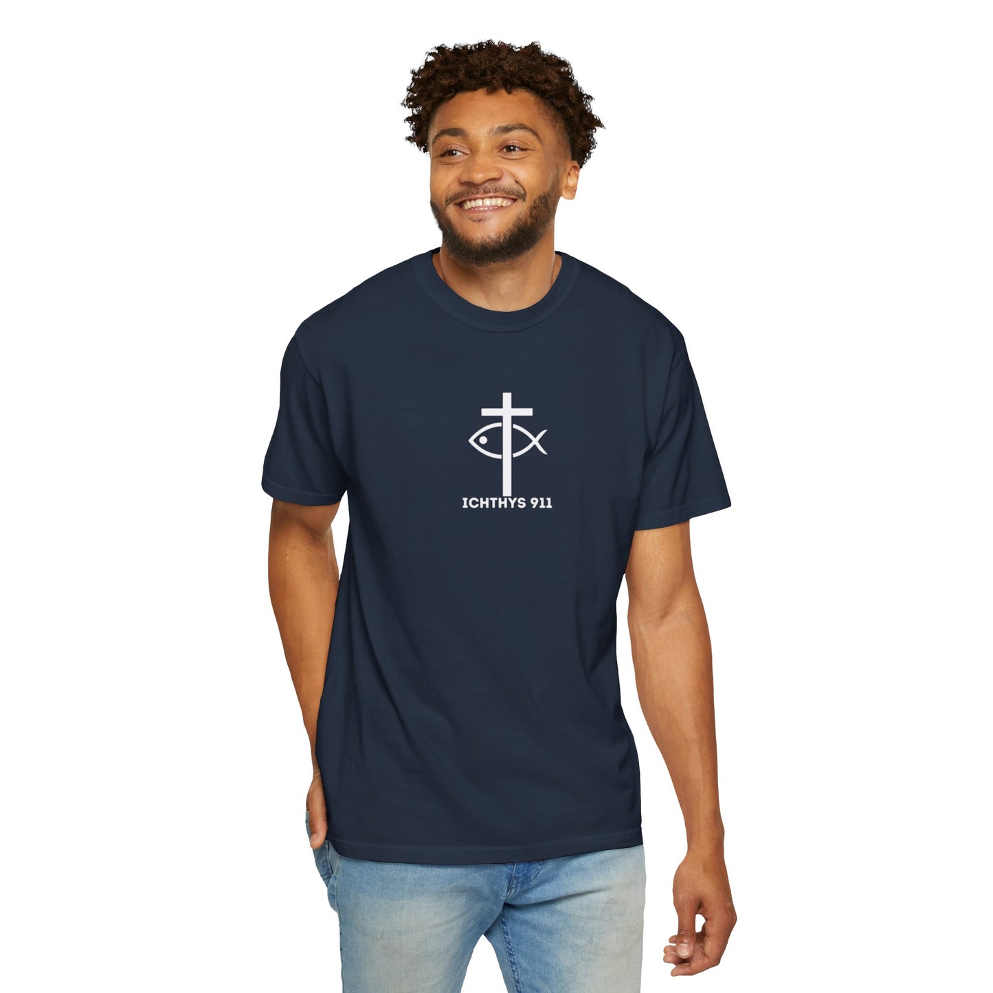 ICHTHYS 911 - White Font "Authentic" - Christian Streetwear T-Shirt – Unisex - Women T-Shirt - Men T-Shirt - Jesus Gym & Faith Fashion, Unisex Garment-Dyed T-Shirt