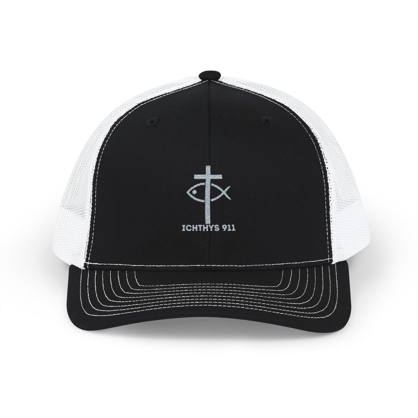 ICHTHYS 911 Embroidered Snapback Trucker Cap - Faith-Inspired Outdoor Hat - Jesus