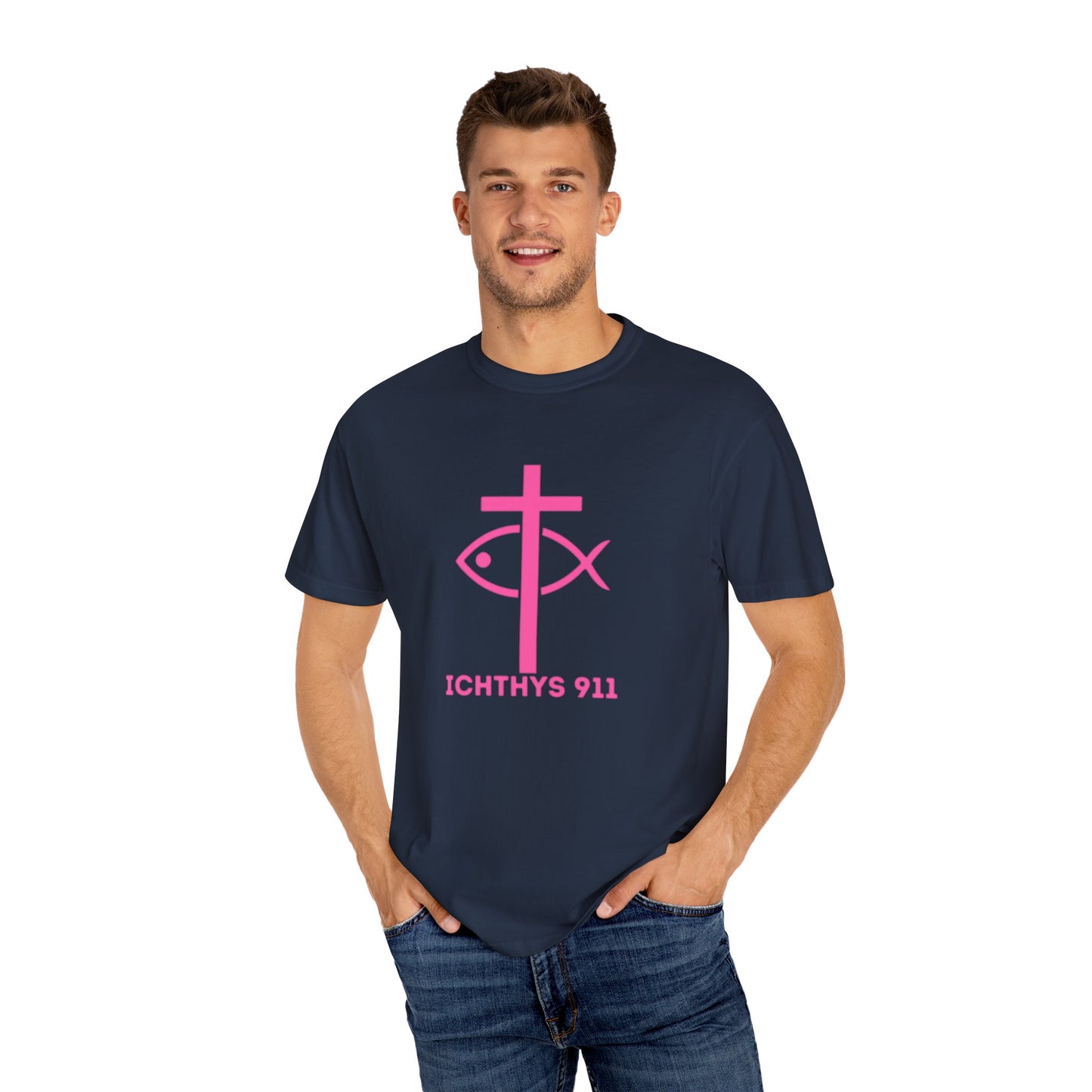 ICHTHYS 911 - Authentic - W/O IC 911 on Back Christian Streetwear T-Shirt – Jesus Gym & Faith Fashion, Unisex Garment-Dyed T-Shirt Hot Pink Font