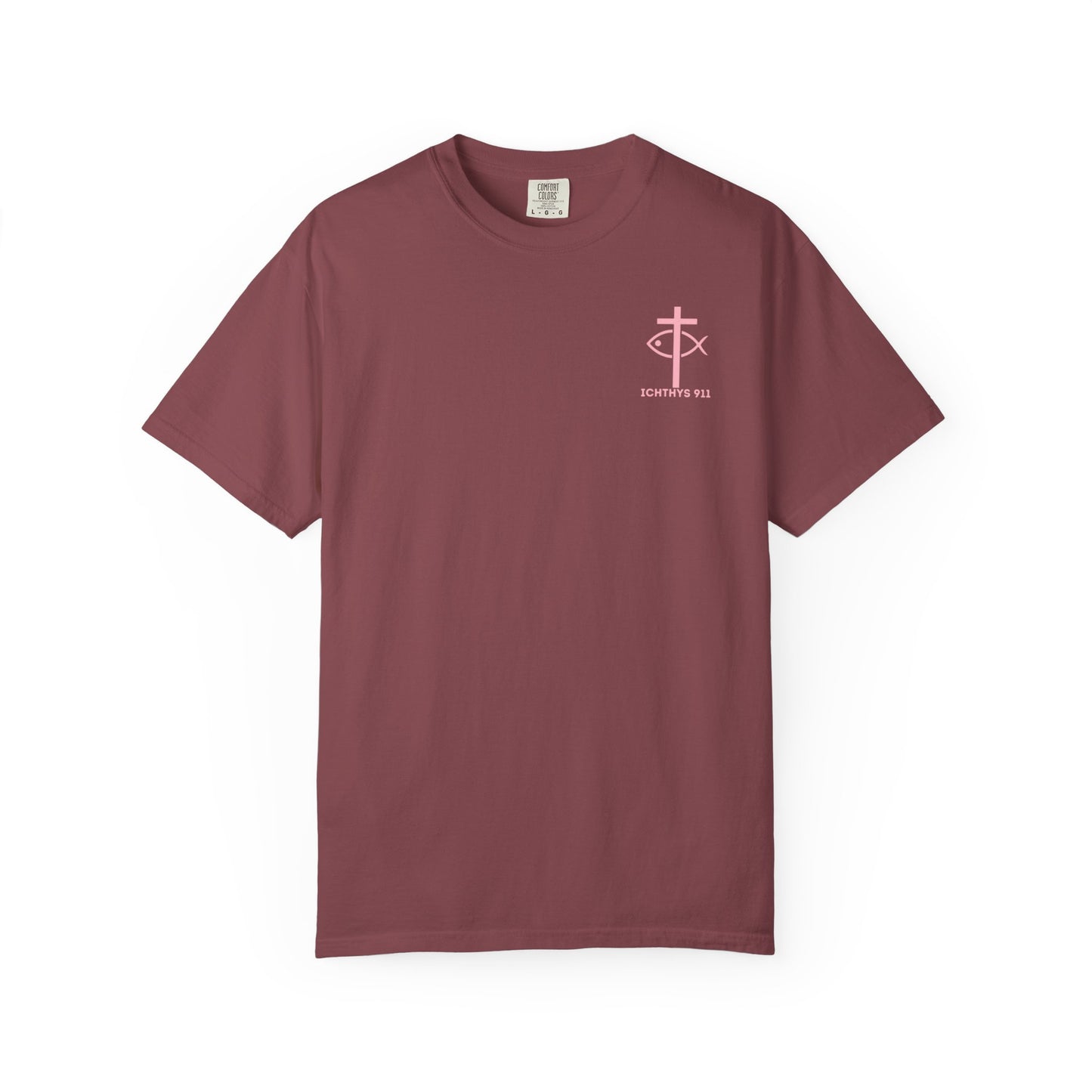 ICHTHYS 911 Pink Font "Badge Collection" - Unisex Garment Dyed T-Shirt 100% US Cotton - Christian Graphic Tee - Gym - T - Christian Faith - Jesus Wear - Women T-Shirt - Men T-Shirt - Garment Dyed
