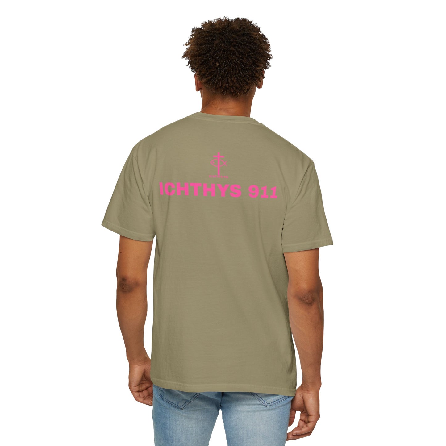 ICHTHYS 911 - "Authentic Design" - Pink Font - Unisex - Men T-Shirt - Women T-Shirt - Christian Streetwear T-Shirt – Jesus Gym & Faith Fashion, Unisex Garment-Dyed T-Shirt