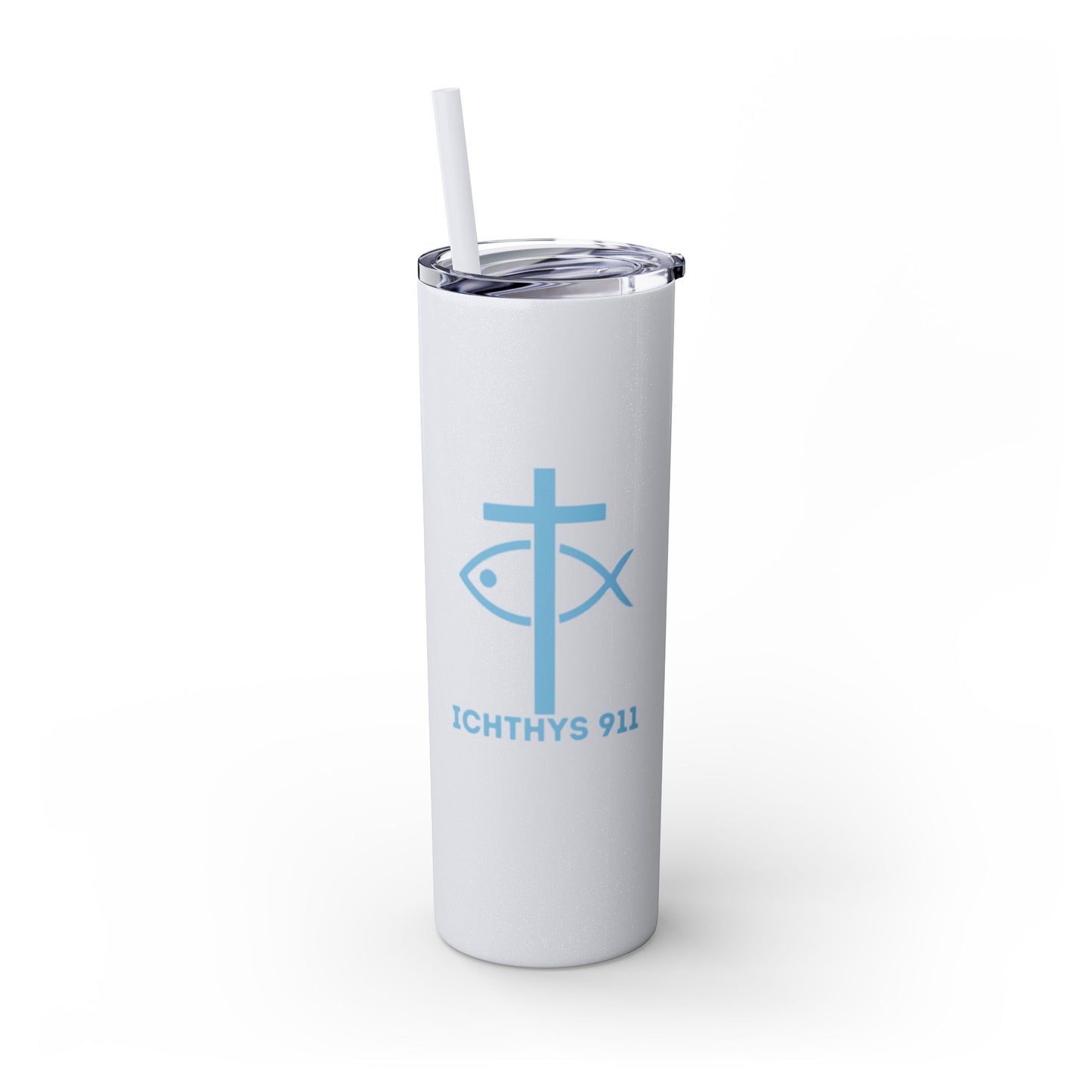 ICHTHYS 911 - Blue Font - Faith-Inspired Skinny Tumbler with Straw - 20oz Baby Shower Drip