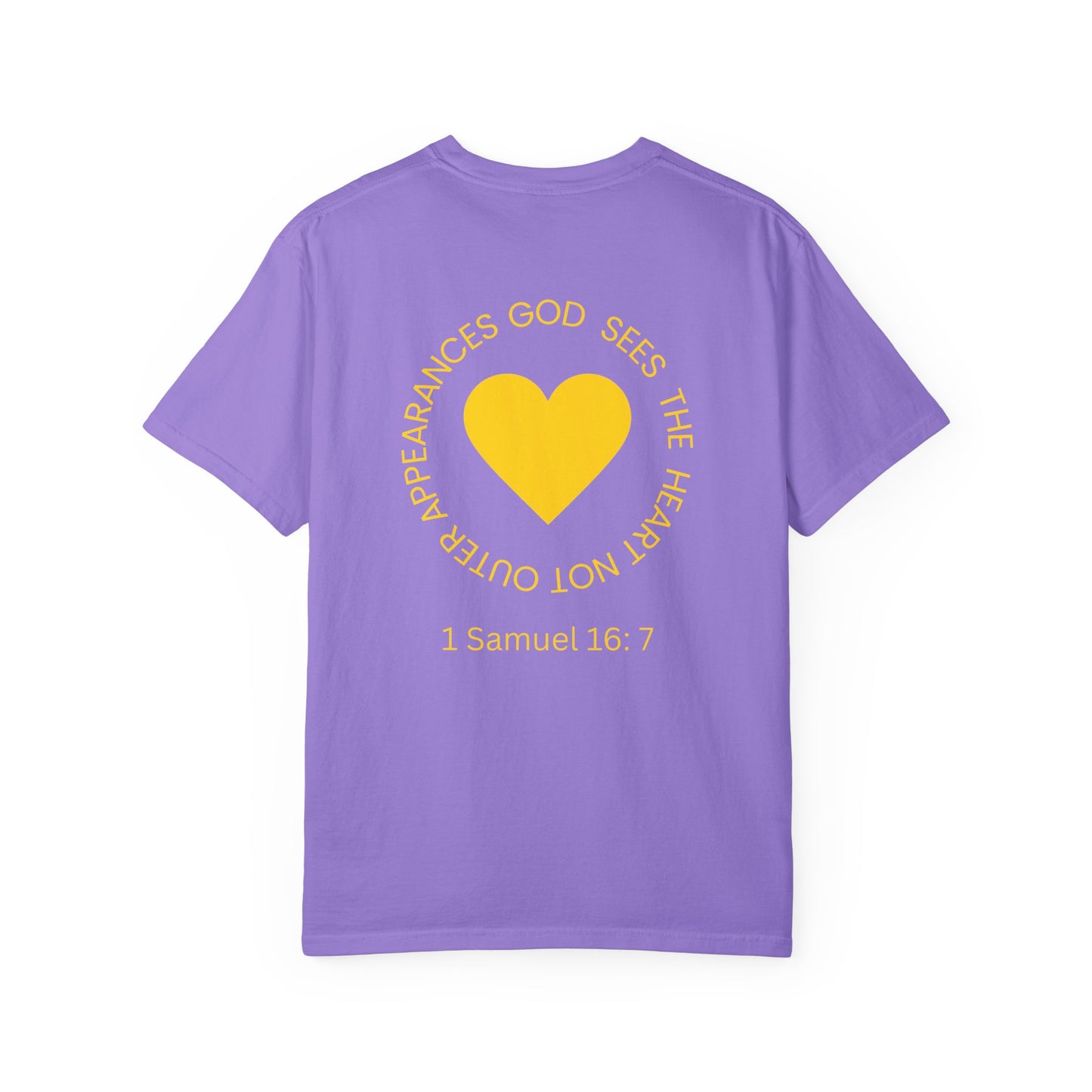 ICHTHYS 911 - "God Sees the Heart" Reverse' Gold Font - Unisex Garment - Dyed T-Shirt - 100% US Cotton - Men T-Shirt - Women T-Shirt - Inspirational Graphic T-Shirt for Everyday Motivation