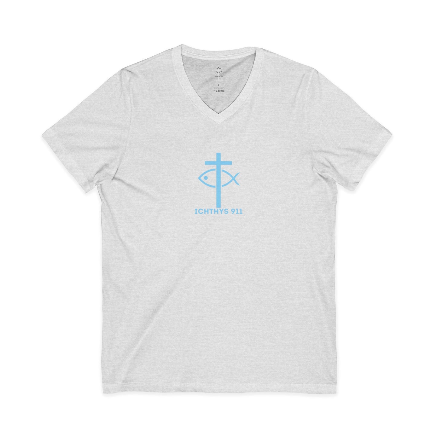 Jesus Is His Name, Saving Souls For Eternity is His Game - Blue Font - V-Neck - Unisex -Men T-Shirt - Women T-Shirt - Christian T - Faith-Inspired Unisex V-Neck Tee - Perfect for Christians - ICHTHYS 911 Design