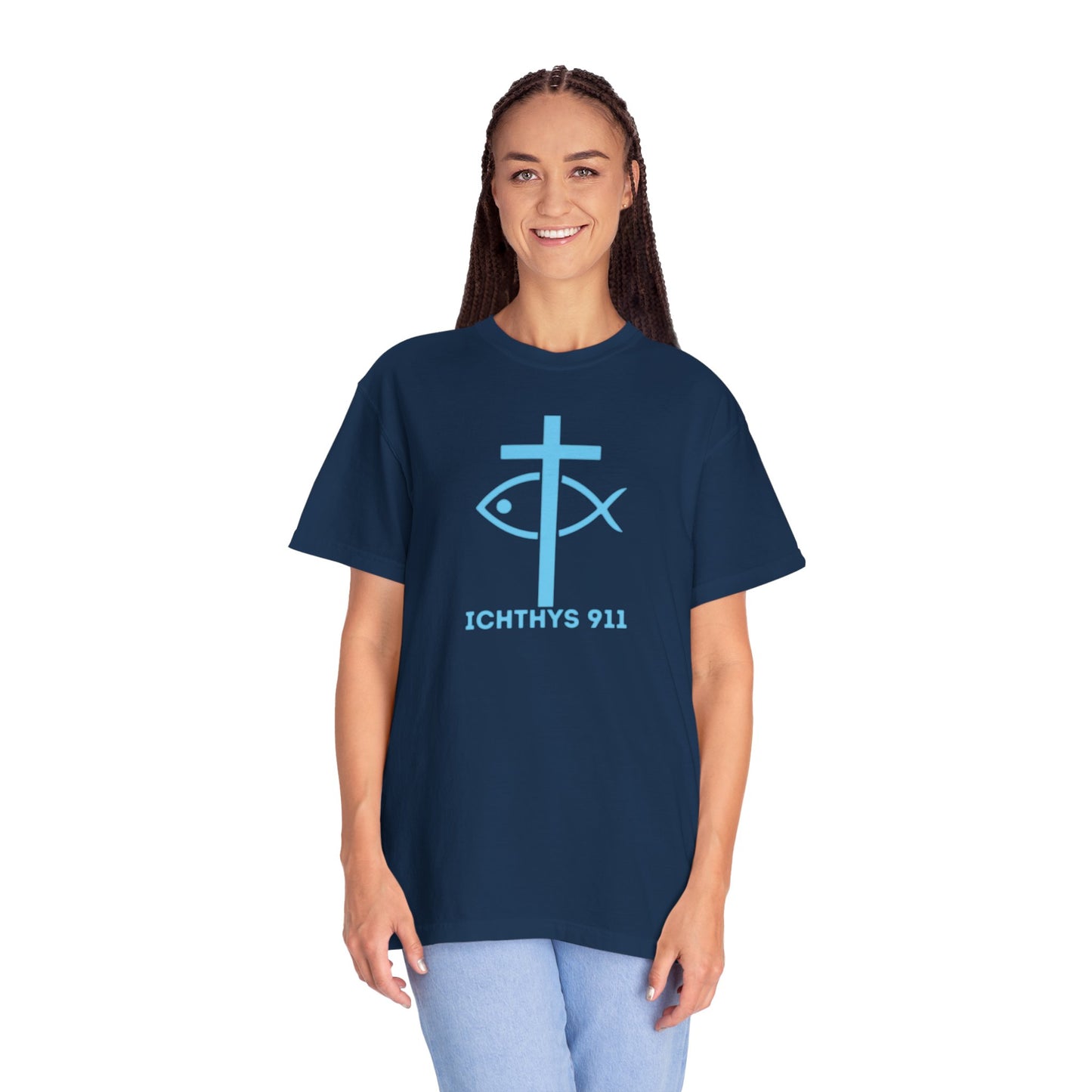 Authentic - Christian Streetwear T-Shirt – Jesus Gym & Faith Fashion, Unisex Garment-Dyed T-Shirt Blue Font - ICHTHYS 911