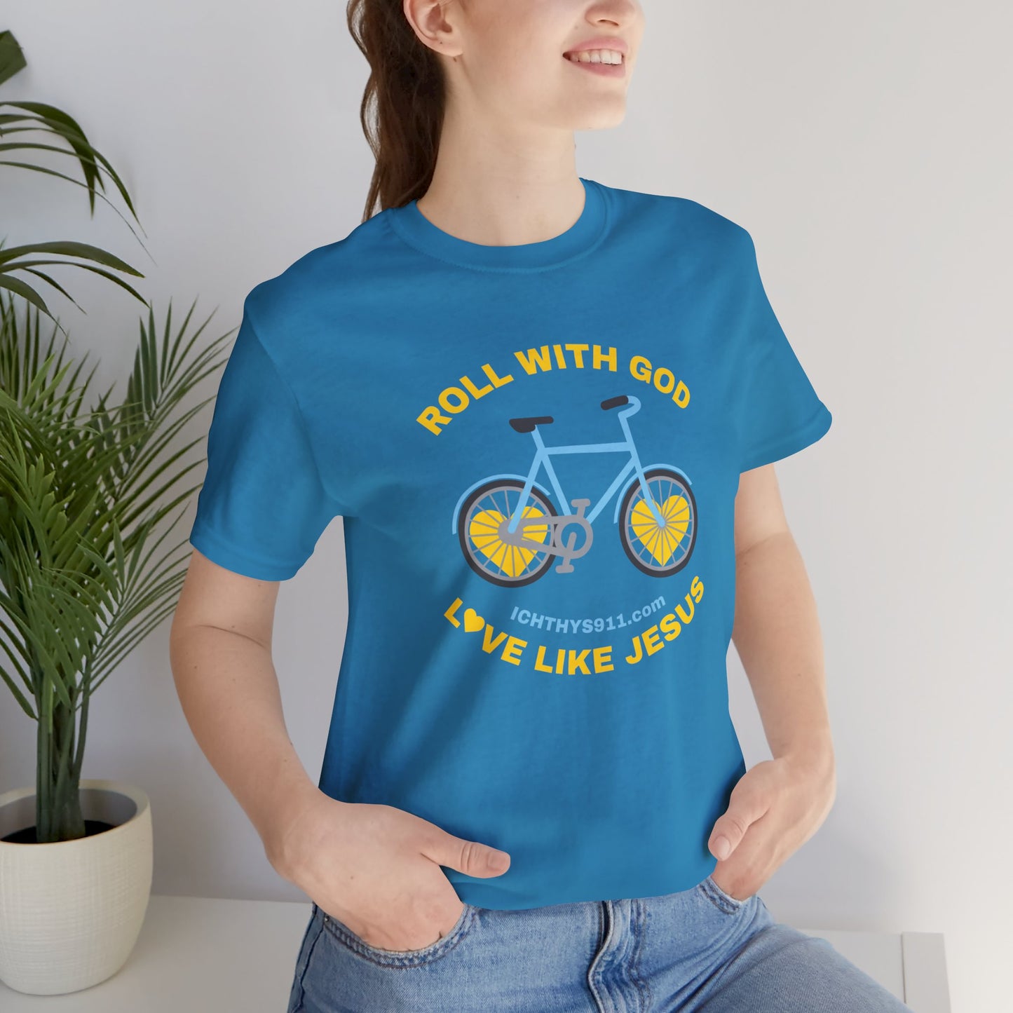 ICHTHYS 911 - "Roll With God Love Like Jesus" - Reverse Design - Unisex T- Shirt - Lightweight 100% Cotton - Summer T - Arm Form Fitting - Men T- Shirt - Women T-Shirt - Christian T-Shirt - Love Like Jesus