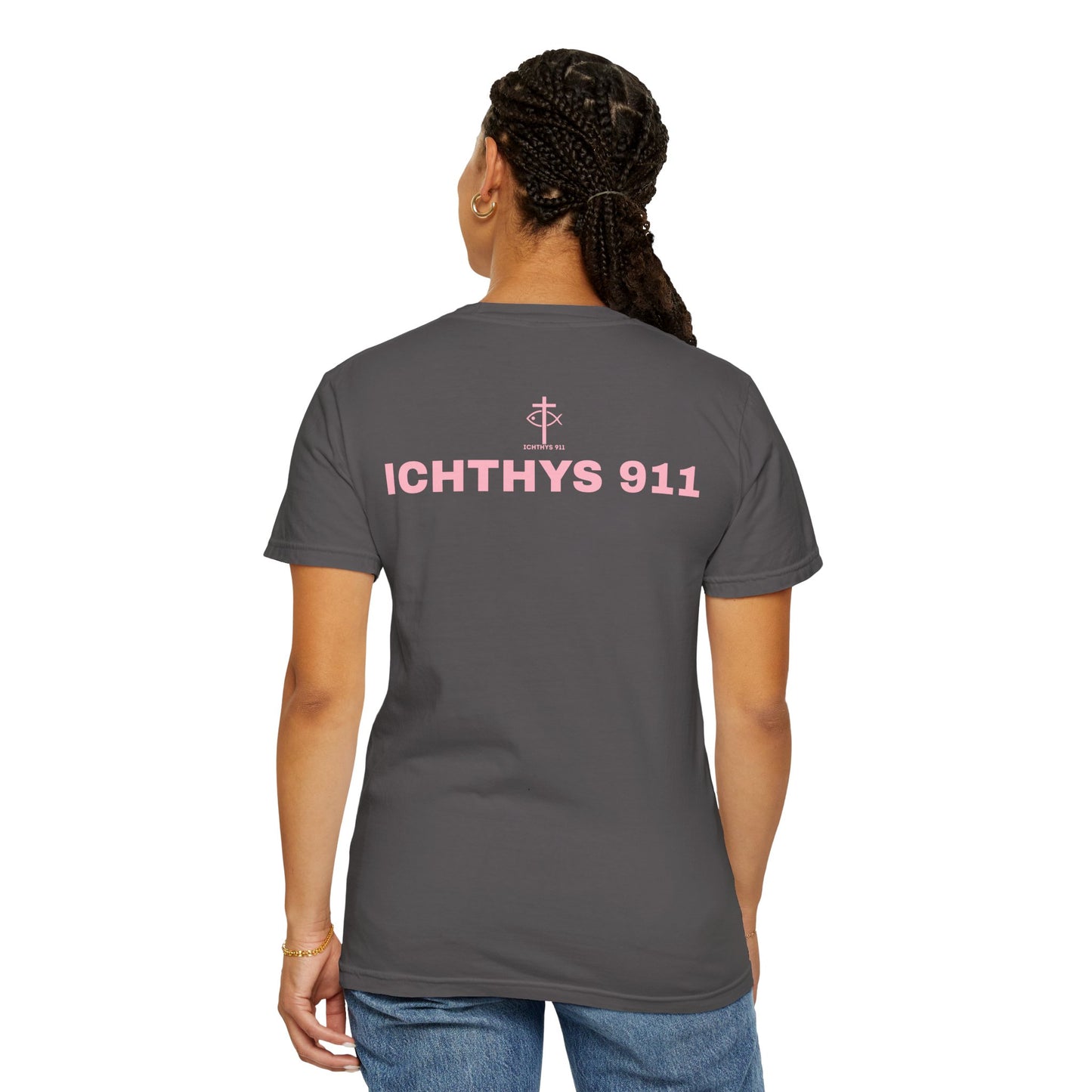 ICHTHYS 911 - Authentic - Christian Streetwear T-Shirt / Sweatshirt – Jesus Gym & Faith Fashion, Unisex Garment-Dyed T-Shirt Soft Pink Font
