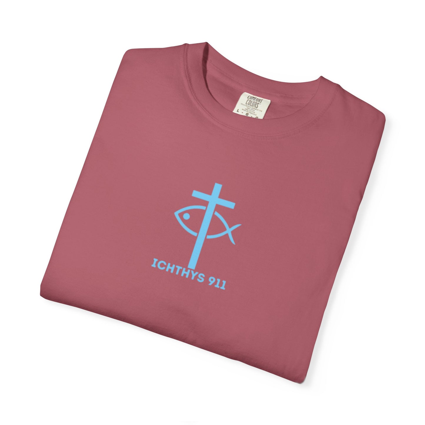 ICHTHYS 911 - "Jesus Christ Son of God Savior" Blue Font - Christian Streetwear T-Shirt – Jesus Gym & Faith Fashion, Unisex Garment-Dyed T-Shirt Blue Font