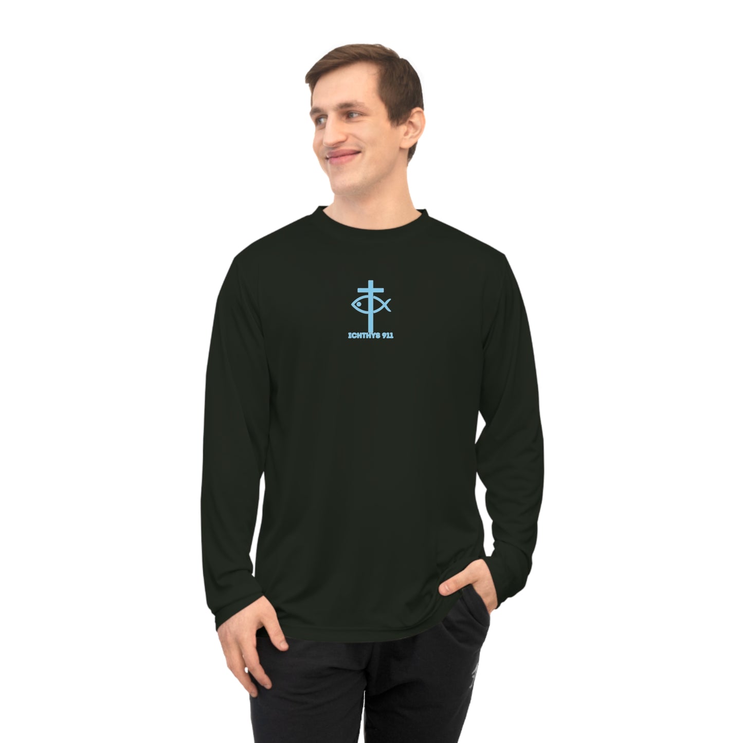 ICHTHYS 911 "Rise & Conquer Romans 8:38"  Unisex Performance Long Sleeve Shirt - Men - Women - 100% Moisture-Wicking Poly - Christian Activewear