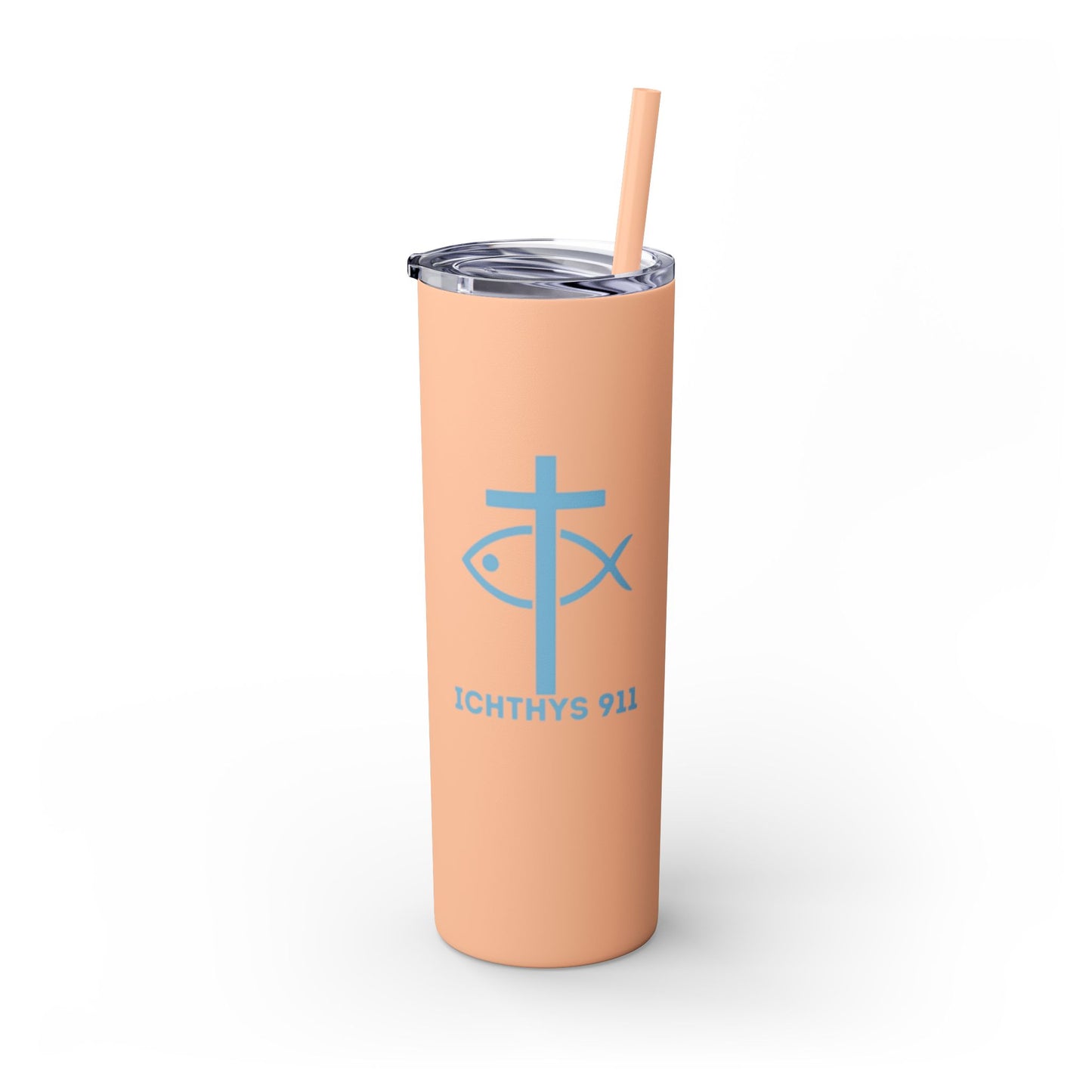 ICHTHYS 911 Pink & Blue Faith-Inspired Skinny Tumbler with Straw - 20oz Baby Shower Drip - Party Favor