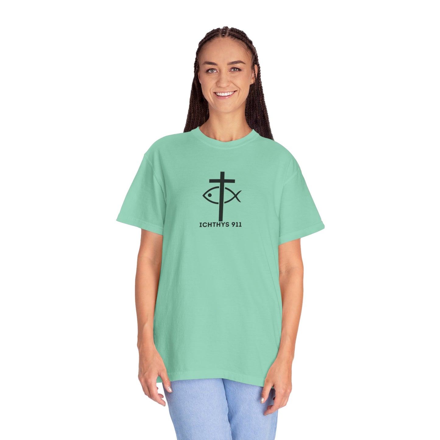 ICHTHYS 911 - Black Font - Additional Flavors - "Faith & Strength" - Unisex  - Garment Dyed -100% US Cotton -Short Sleeve Tee - Inspirational Graphic T-Shirt for Everyday Motivation - Women T-Shirt - Soft T