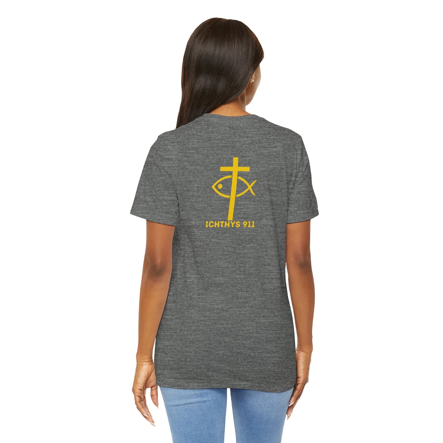 ICHTHYS 911 - "Roll With God Love Like Jesus" - Reverse Design - Unisex T- Shirt - Lightweight 100% Cotton - Summer T - Arm Form Fitting - Men T- Shirt - Women T-Shirt - Christian T-Shirt - Love Like Jesus