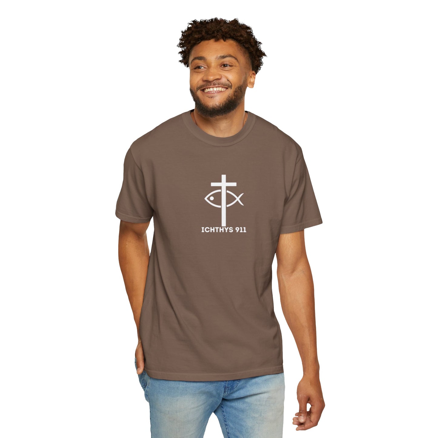 ICHTHYS 911 - 13th Disciple Collection - Christian Streetwear T-Shirt / Sweatshirt – Jesus Gym & Faith Fashion, Unisex Garment-Dyed T-Shirt White Font