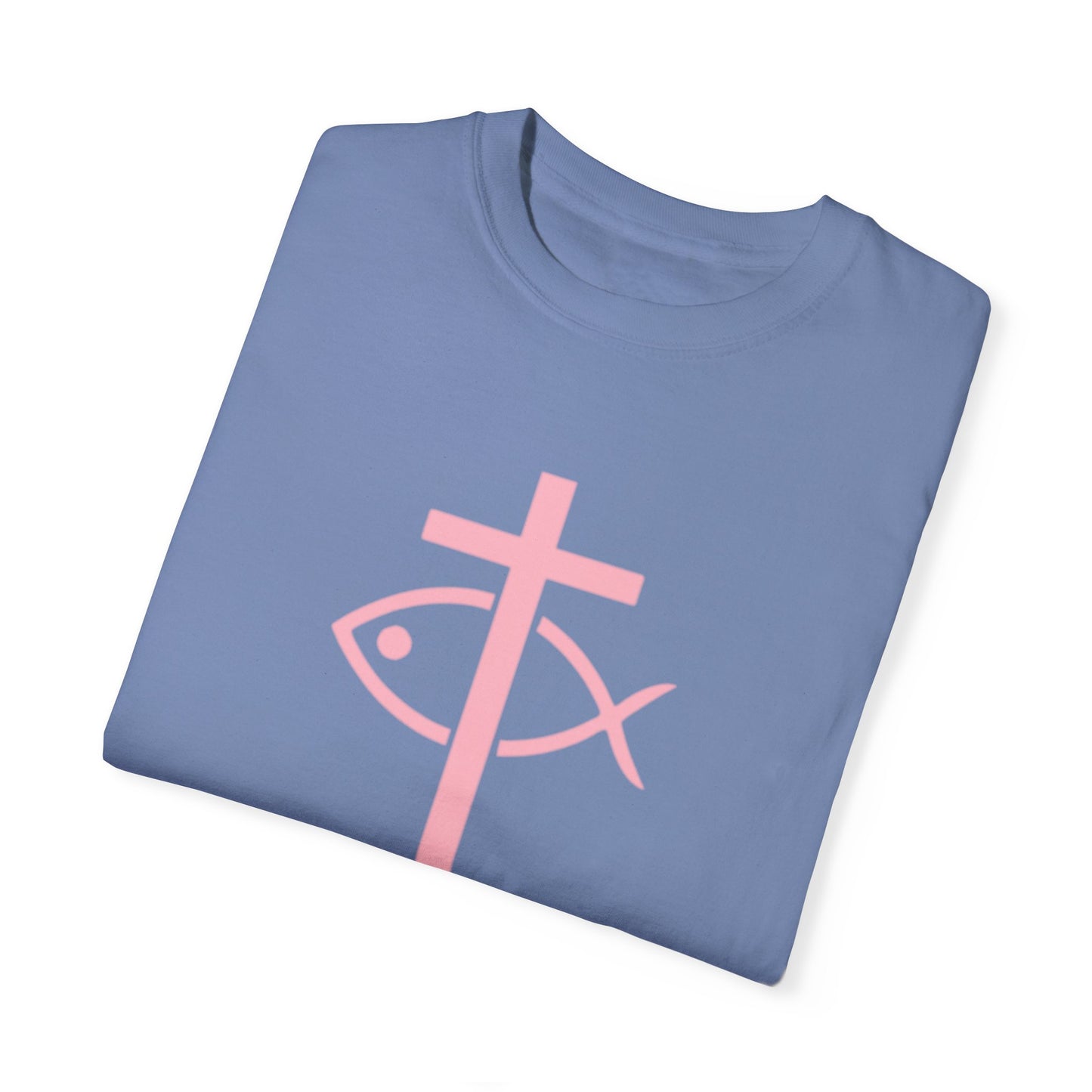 ICHTHYS 911 - Authentic - W/O IC 911 on Back -Christian Streetwear T-Shirt – Jesus Gym & Faith Fashion, Unisex Garment-Dyed T-Shirt Soft Pink Font