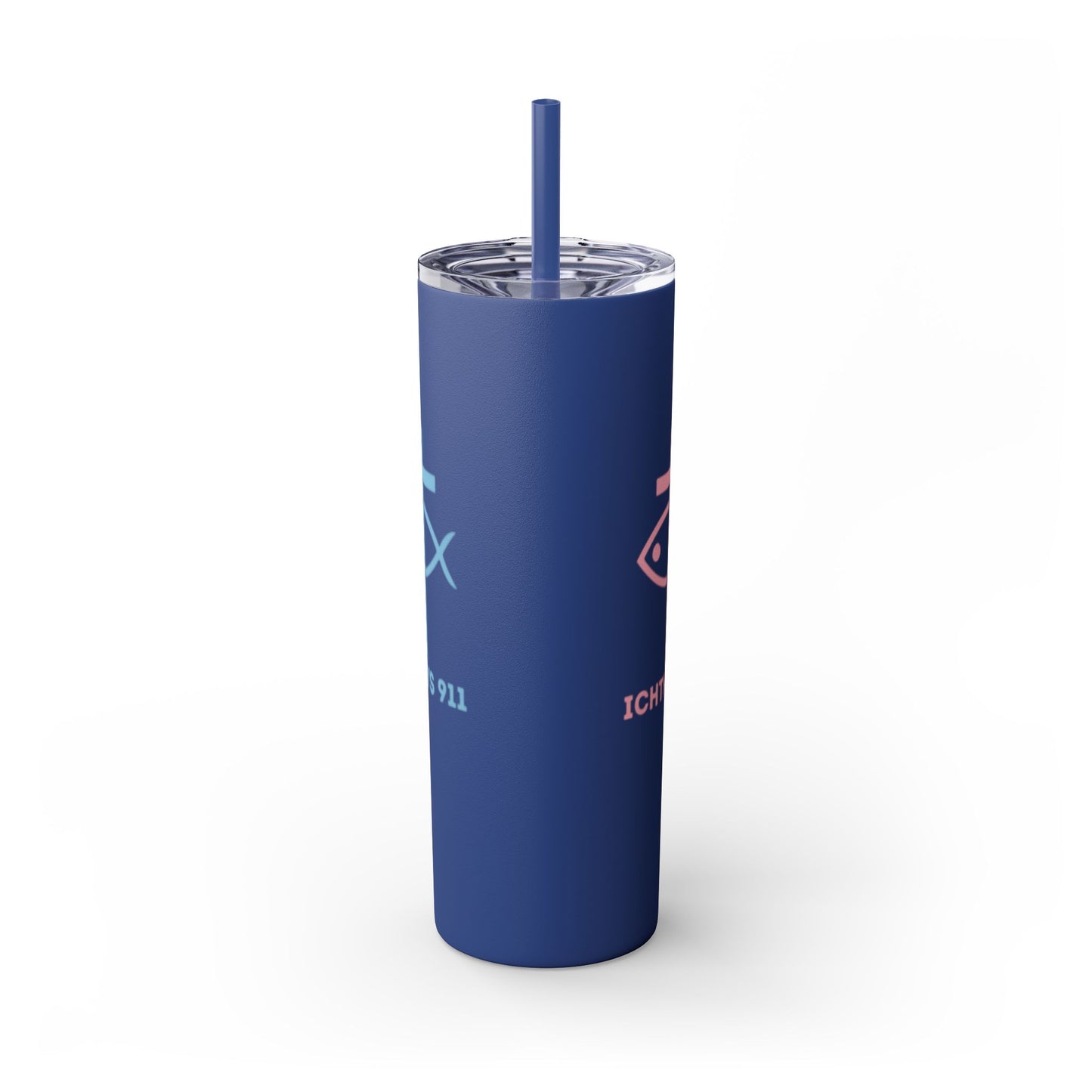 ICHTHYS 911 Pink & Blue Faith-Inspired Skinny Tumbler with Straw - 20oz Baby Shower Drip - Party Favor