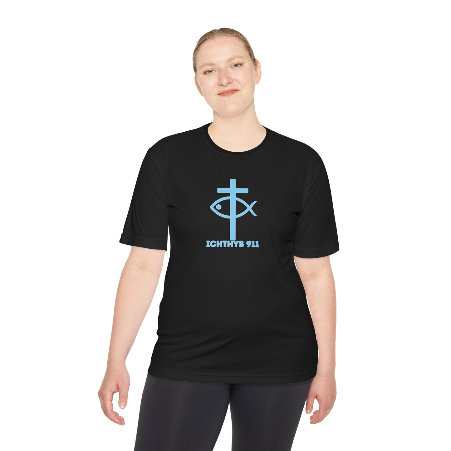 ICHTHYS 911 - Blue Font - "Jesus Is His Name Saving Souls is His Game" - Unisex Performance Shirt -Men T-Shirt - Women - Moisture Wicking Tee911