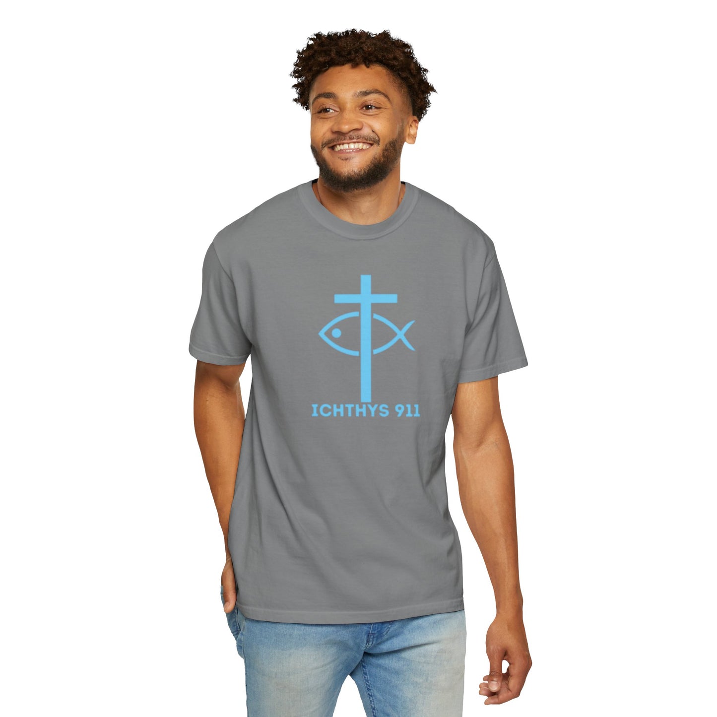 Authentic - Christian Streetwear T-Shirt – Jesus Gym & Faith Fashion, Unisex Garment-Dyed T-Shirt Blue Font - ICHTHYS 911