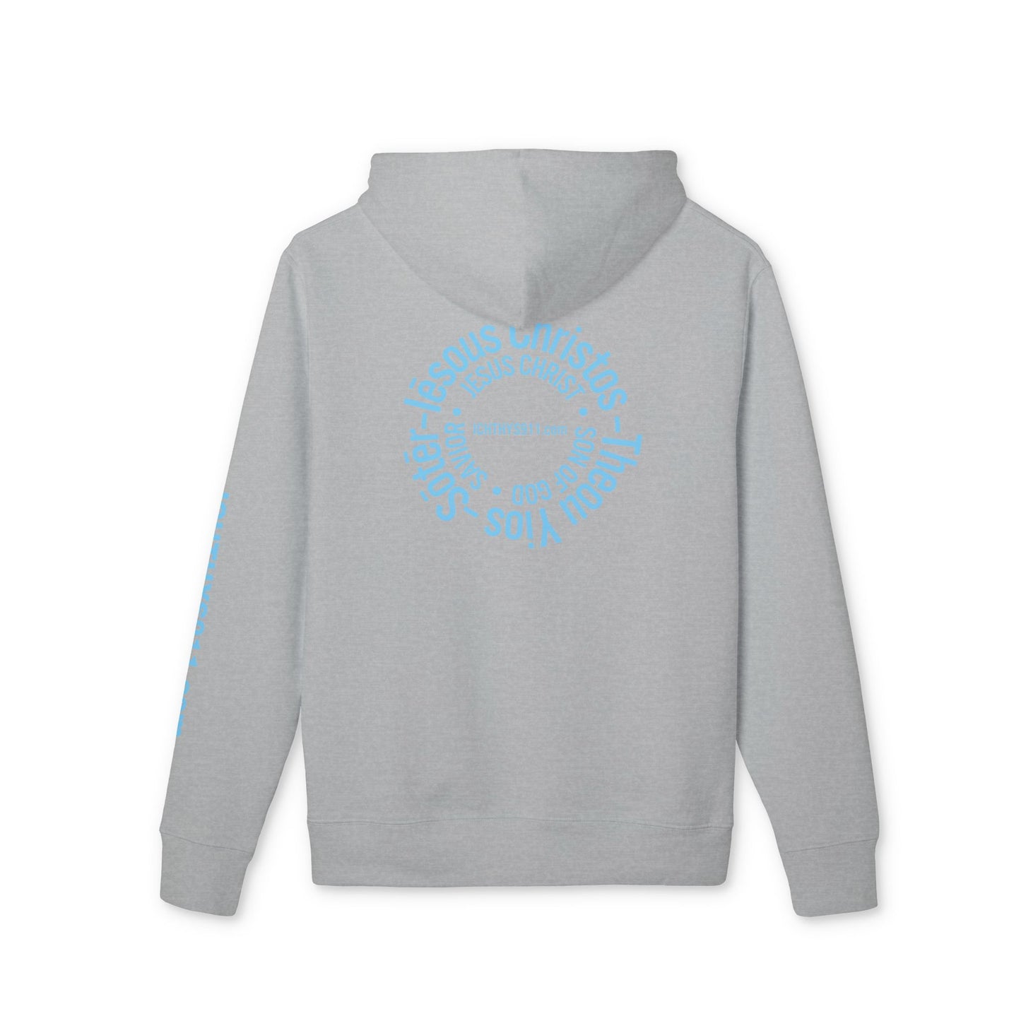 Iēsous Christos, Theou Yios, Sōtēr = Jesus Christ, Son of God, Savior - Unisex - Blue Font - Sweatshirt - ICHTHYS 911 - Hoodie -100% Organic- Heavy
