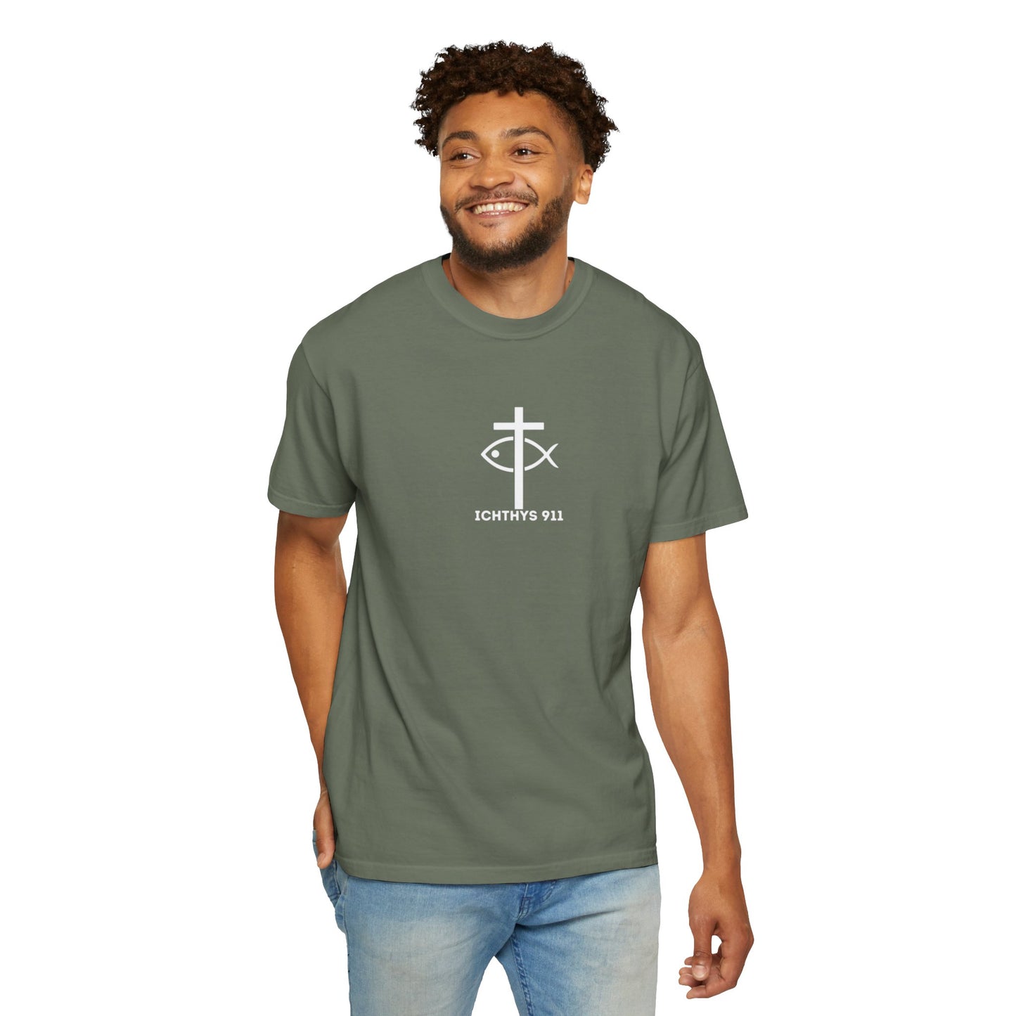 ICHTHYS 911 - White Font "Faith, Hope, & Love" - Garment Dyed - 100% US Cotton - Unisex T-Shirt - Men T-Shirt - Christian Women Tee - Faith-Inspired Shirt - Christian Fashion - Wear Your Faith - Additional Colors