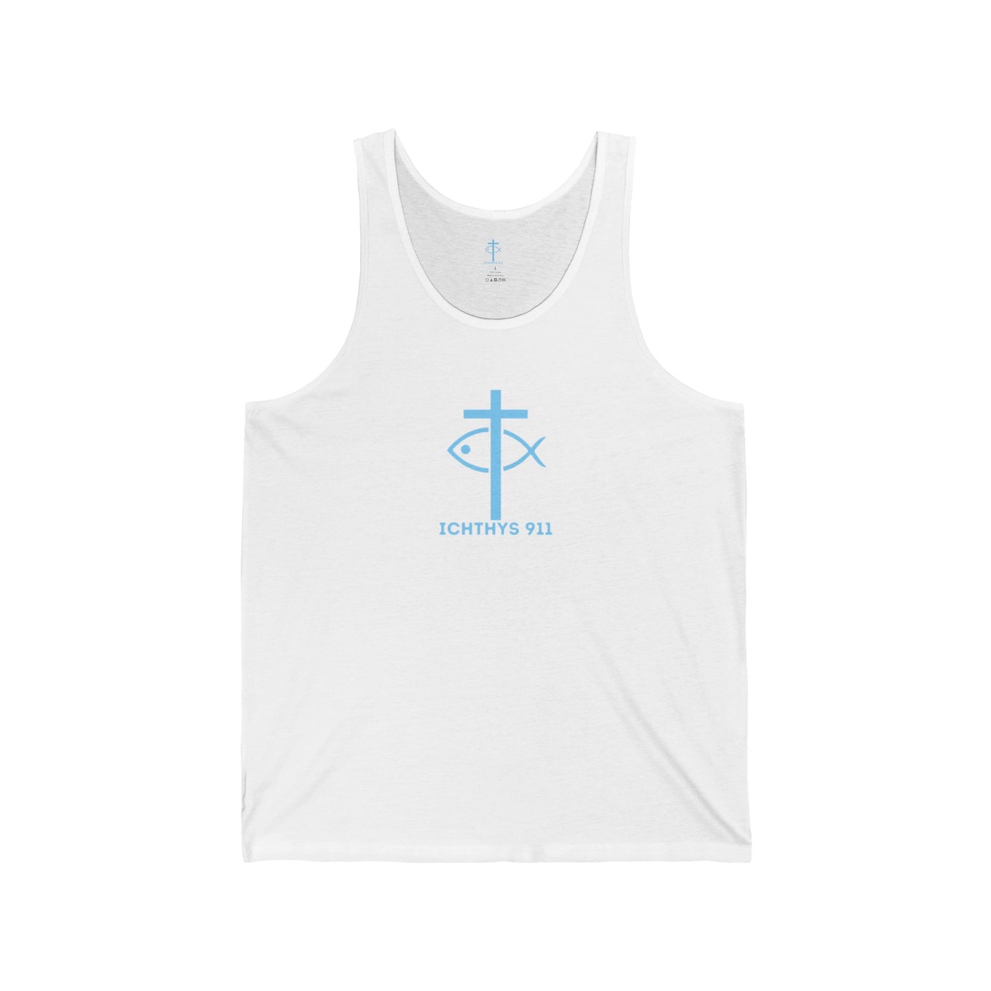 ICHTHYS 911 Blue Font "Faith & Strength" Extra Light - Unisex - Men Tank - Women Tank - Jersey Tank - Casual Christian Symbol Graphic Tank Top