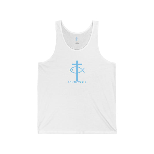 ICHTHYS 911 Blue Font "Faith & Strength" Extra Light - Unisex - Men Tank - Women Tank - Jersey Tank - Casual Christian Symbol Graphic Tank Top
