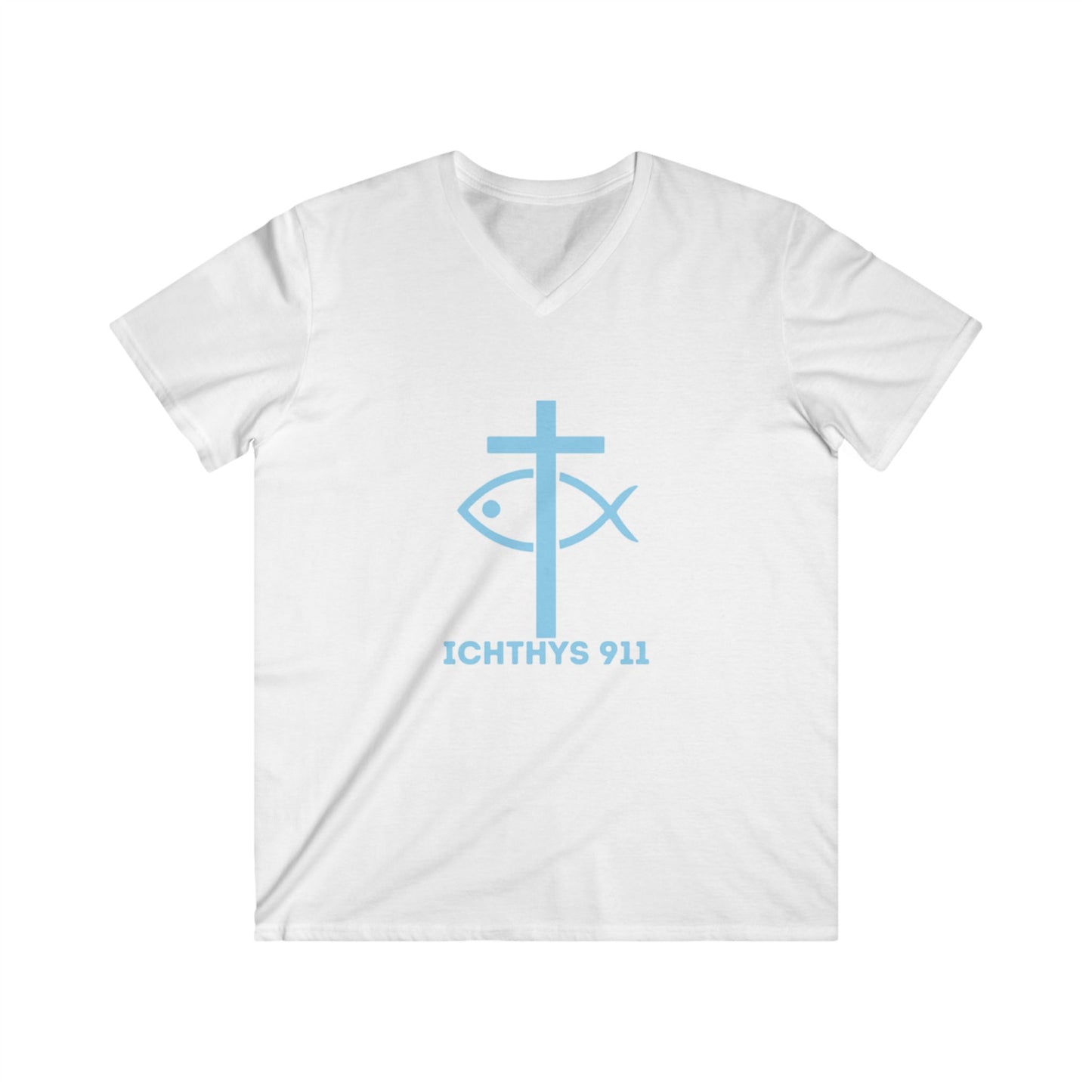 ICHTHYS 911 - Authentic Collection - Men's Fitted V-Neck Short Sleeve T - Shirt - Faith-Inspired in Light Blue Font Christian Faith