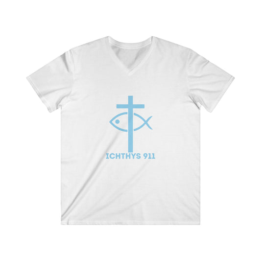 ICHTHYS 911 - Authentic Collection - Men's Fitted V-Neck Short Sleeve T - Shirt - Faith-Inspired in Light Blue Font Christian Faith