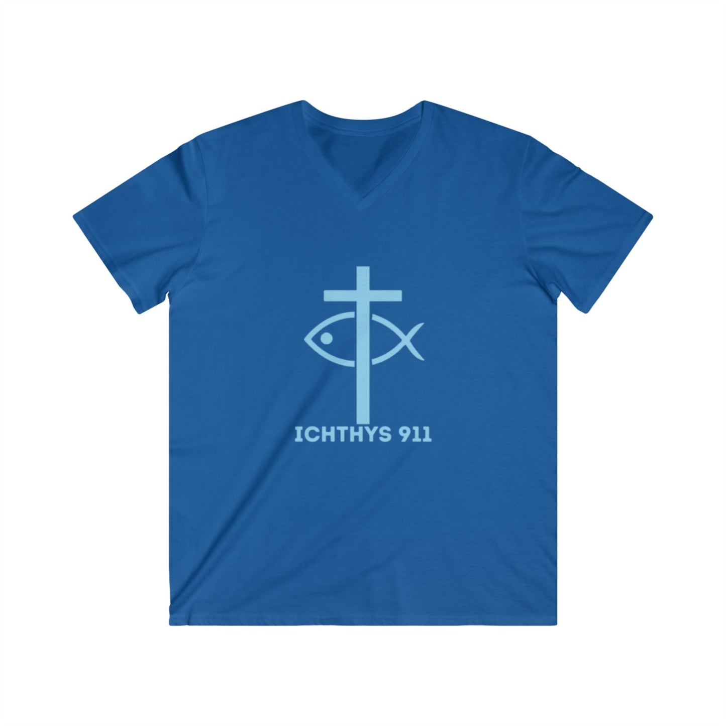 ICHTHYS 911 - Authentic Collection - Men's Fitted V-Neck Short Sleeve T - Shirt - Faith-Inspired in Light Blue Font Christian Faith