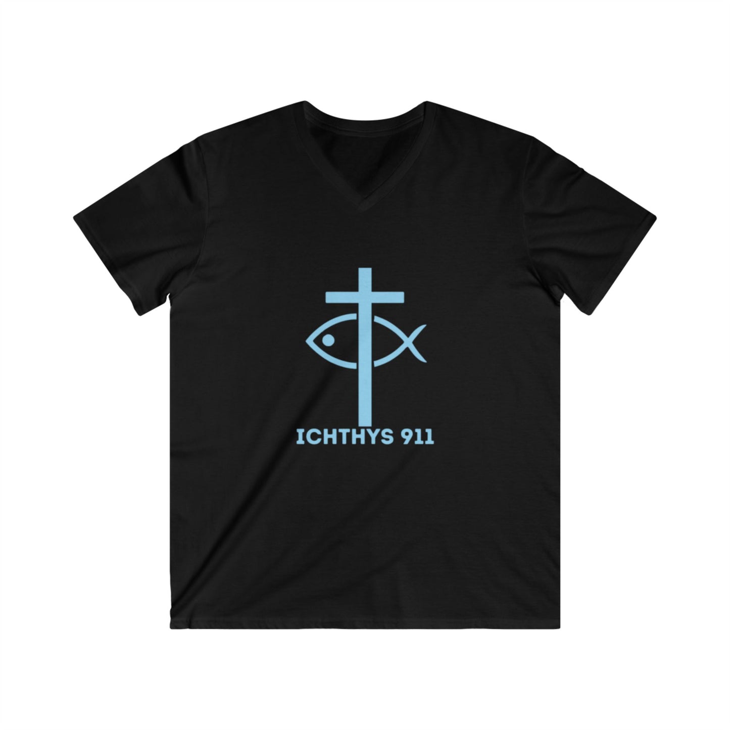 ICHTHYS 911 - Authentic Collection - Men's Fitted V-Neck Short Sleeve T - Shirt - Faith-Inspired in Light Blue Font Christian Faith