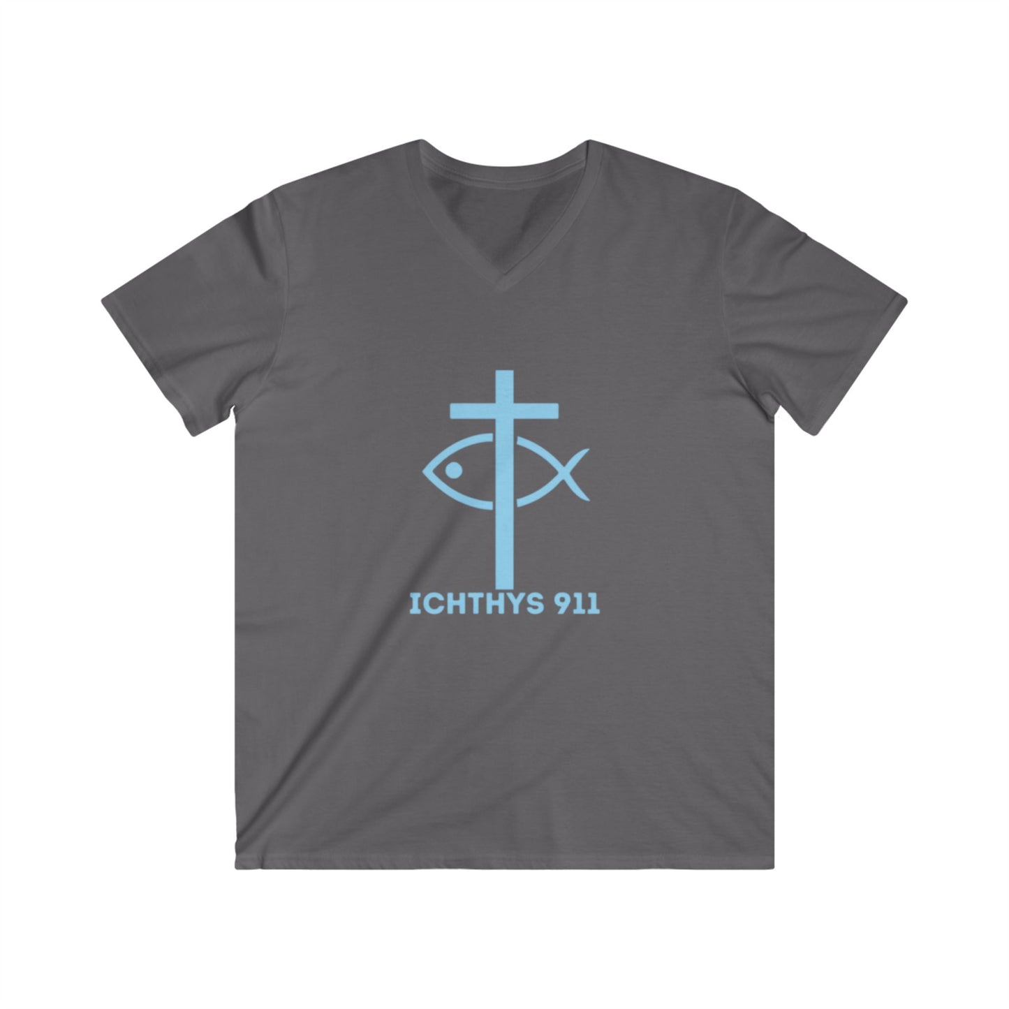 ICHTHYS 911 - Authentic Collection - Men's Fitted V-Neck Short Sleeve T - Shirt - Faith-Inspired in Light Blue Font Christian Faith