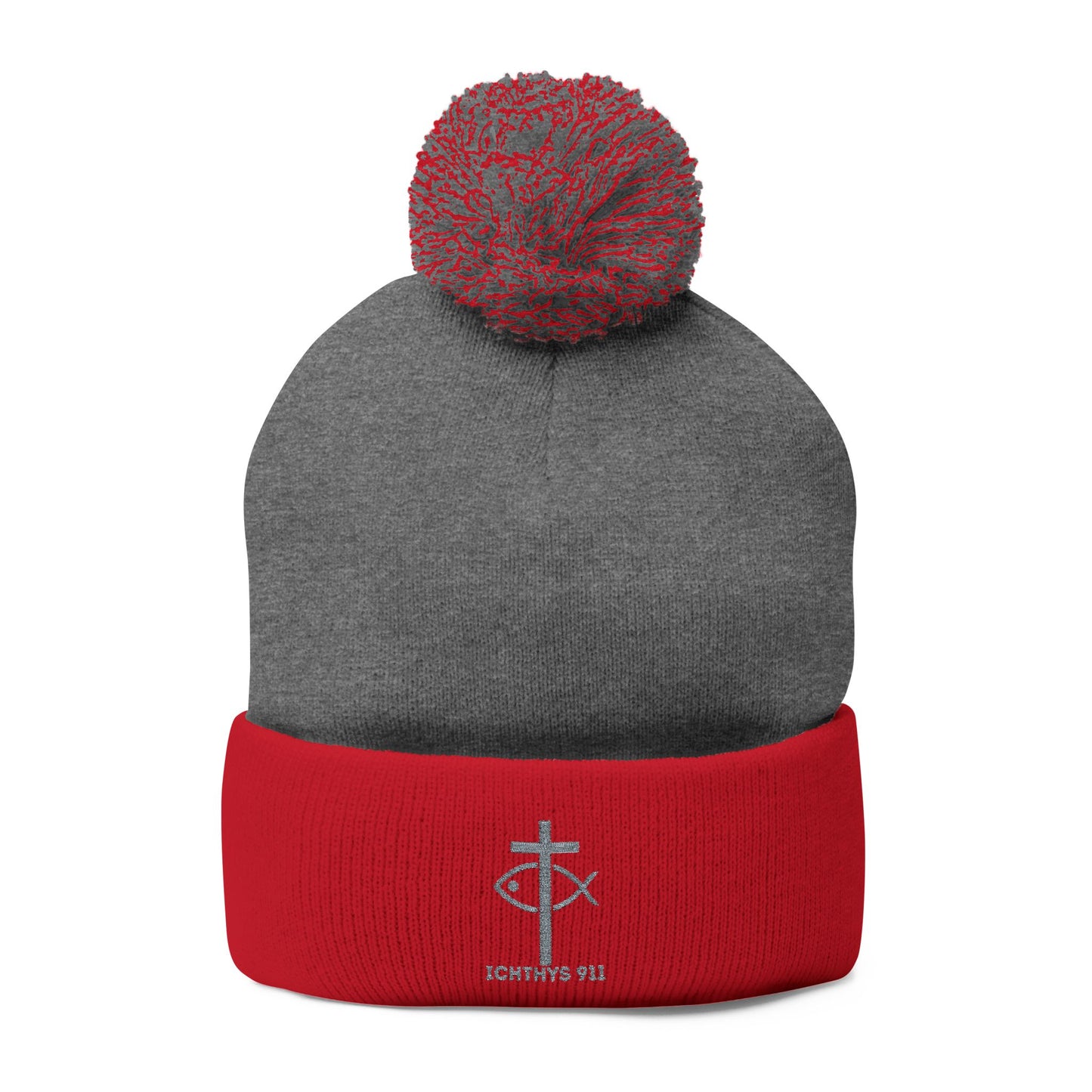 Cozy Pom-Pom Knit Cap | Winter Accessory with Embroidery - Christian Faith Wear - ICHTHYS 911 Design