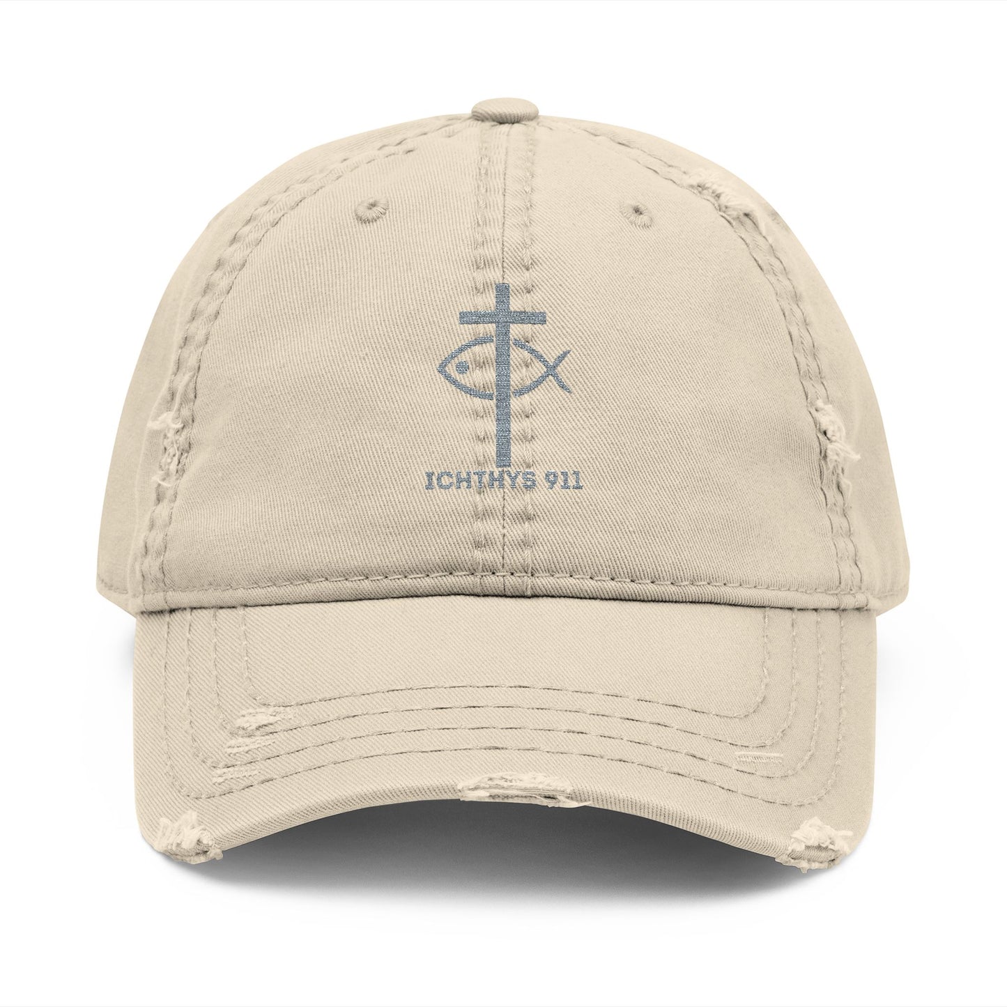 ICHTHYS 911 Embroidered Design - Distressed Hat with Casual Fashion - Accessory for Everyday Wear - ICHTHYS 911 Collection - This hat is very soft - Short stance - Everyone is loving this hat