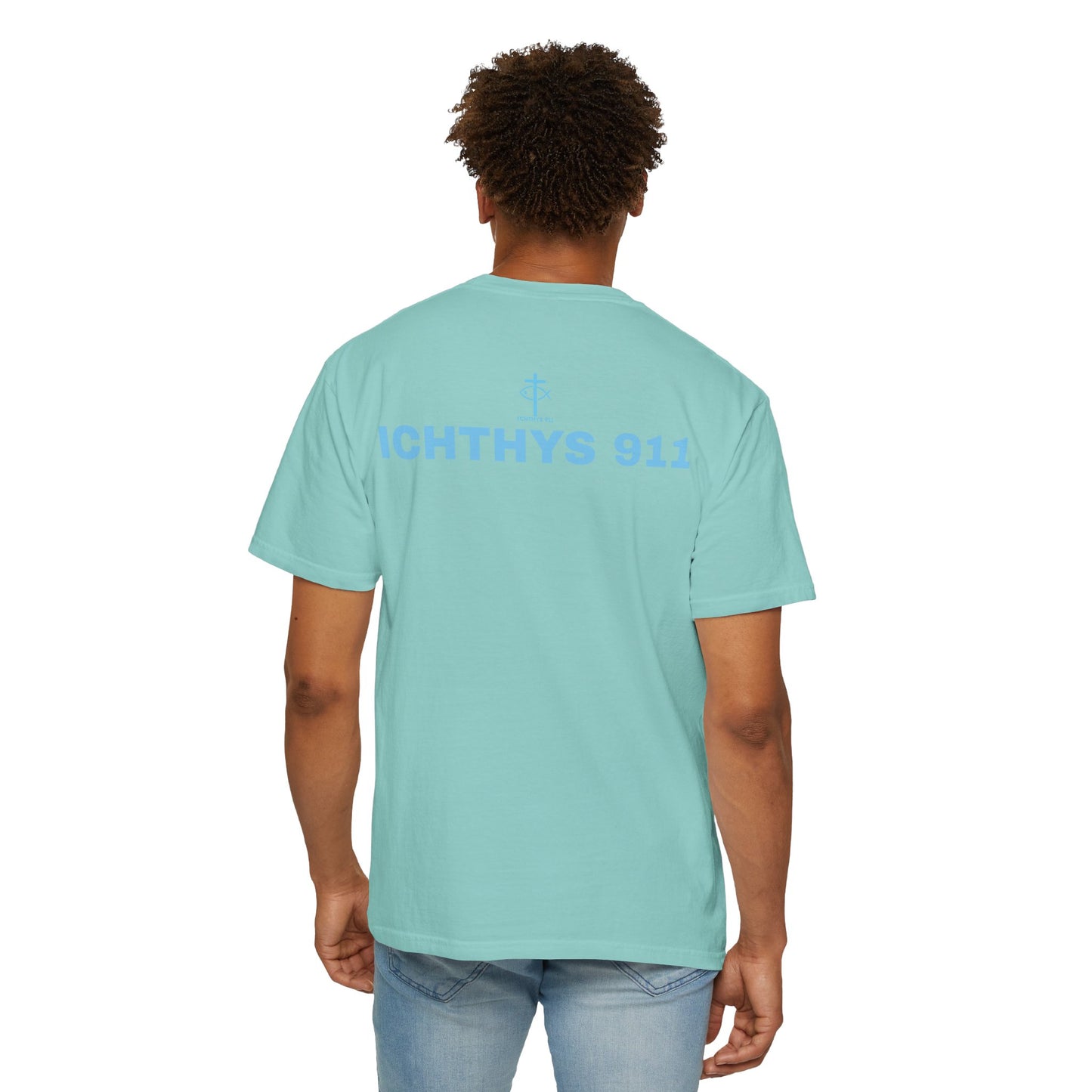 Authentic - Christian Streetwear T-Shirt – Jesus Gym & Faith Fashion, Unisex Garment-Dyed T-Shirt Blue Font - ICHTHYS 911