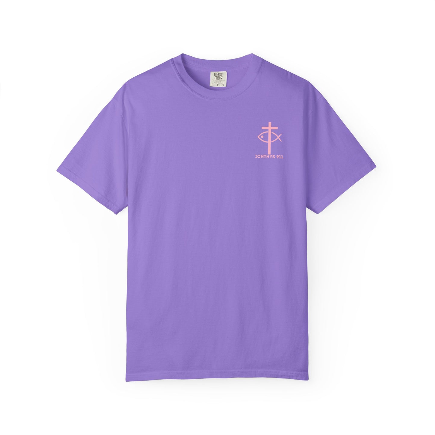 ICHTHYS 911 Pink Font "Badge Collection" - Unisex Garment Dyed T-Shirt 100% US Cotton - Christian Graphic Tee - Gym - T - Christian Faith - Jesus Wear - Women T-Shirt - Men T-Shirt - Garment Dyed