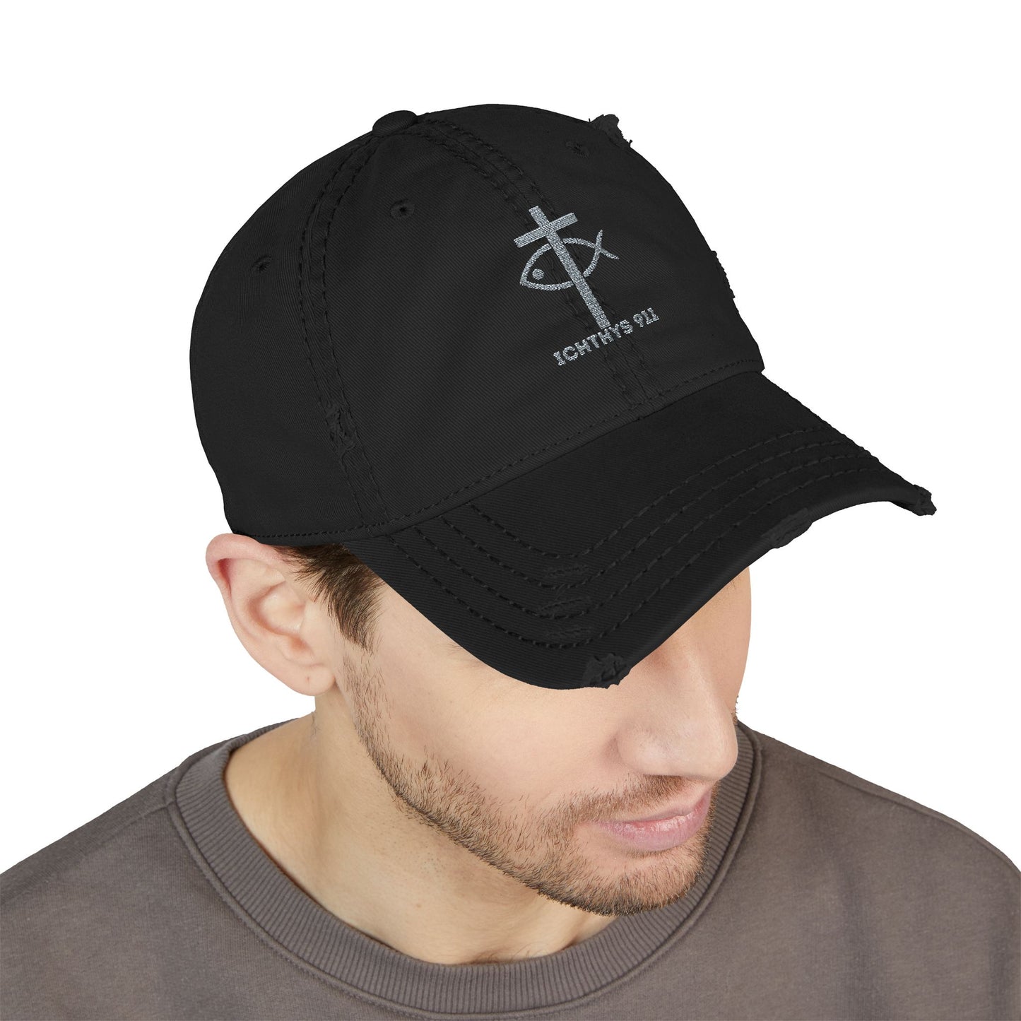 ICHTHYS 911 Embroidered Design - Distressed Hat with Casual Fashion - Accessory for Everyday Wear - ICHTHYS 911 Collection - This hat is very soft - Short stance - Everyone is loving this hat