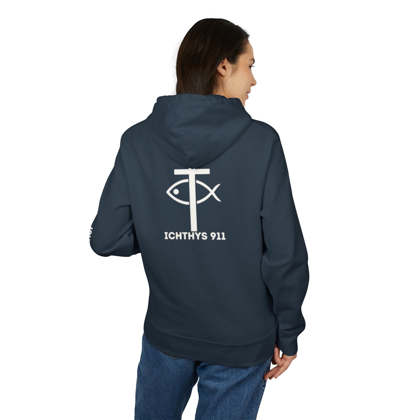 ICHTHYS 911 Hoodie – Unisex Pullover -White Font - Black Font on White - Heavy Fabric - ICHTHYS 911 Logo on Front & Back - 100% Organic